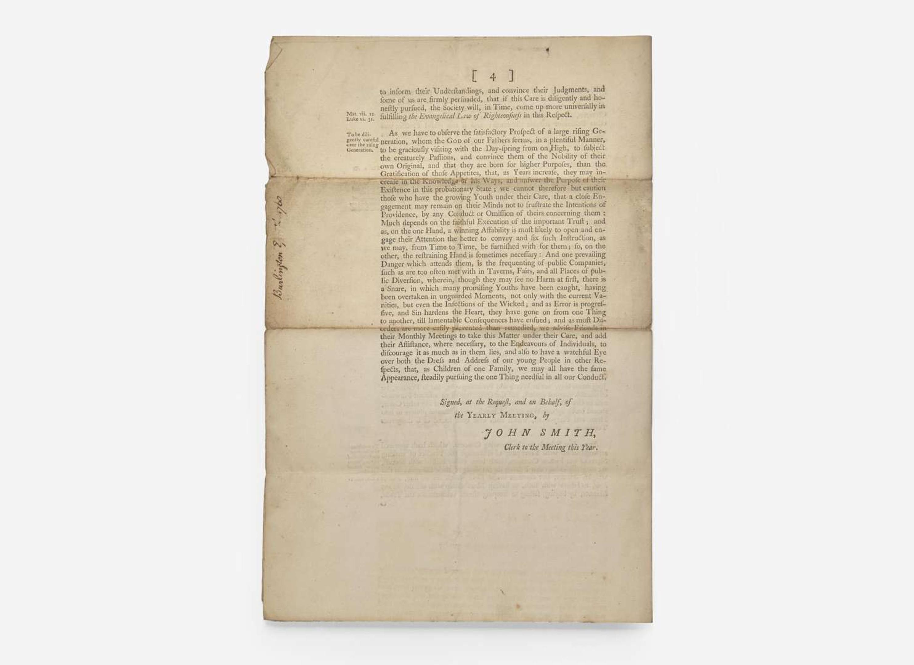 [Americana] [Franklin, Benjamin] Smith, John: The Epistle From Our Yearly-Meeting, for New-Jersey, and Pennsylvania...from the 27th of the Ninth Month, to the 2d of the Tenth Month, inclusive, 1760...