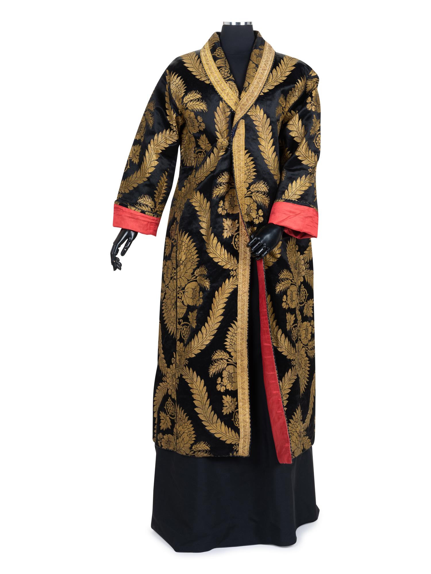 Unlabeled Satin and Gold Thread Wrap Coat