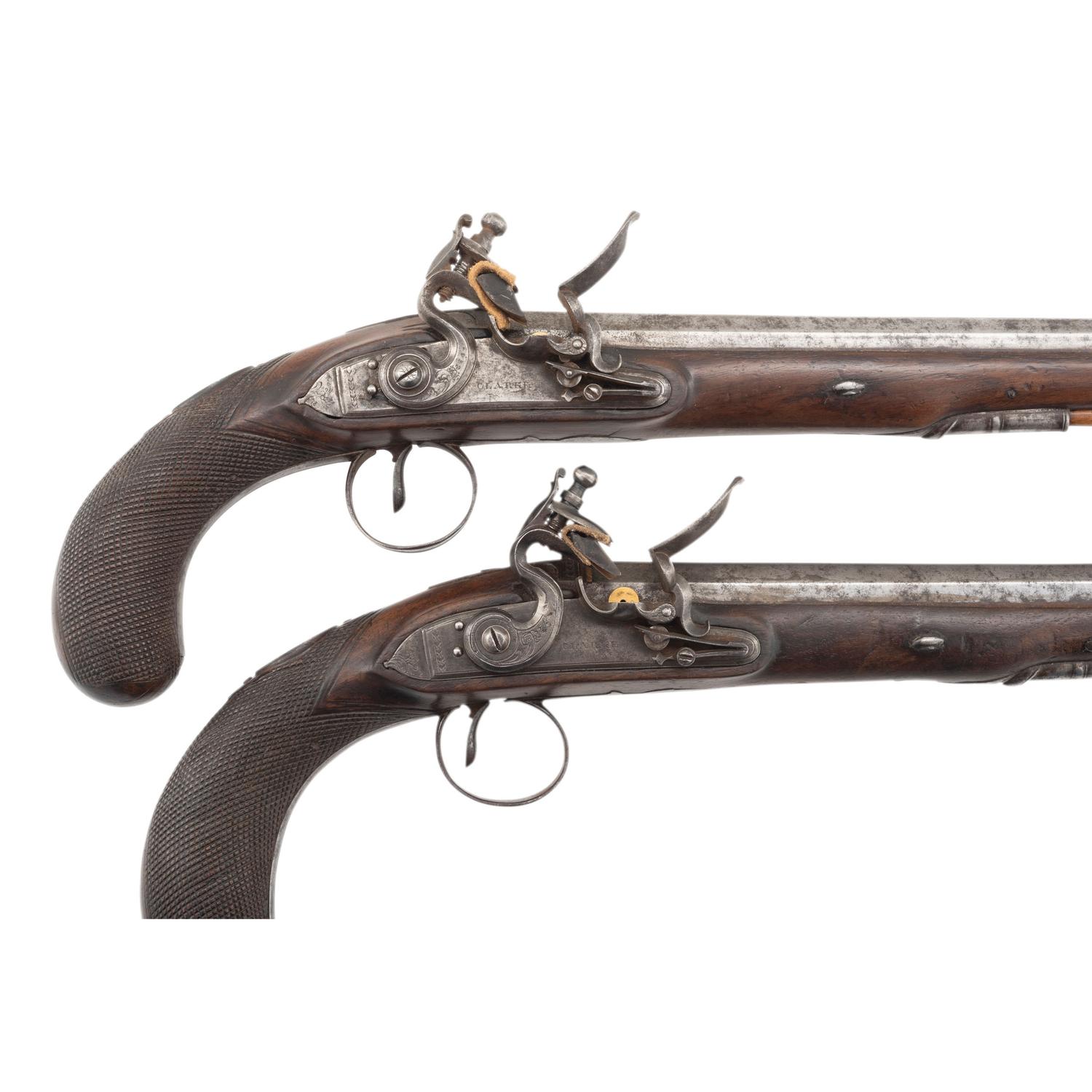 Pair of Flintlock Pistols by Clarke with Detachable Stock in Repurposed Wood Case