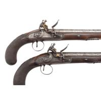Pair of Flintlock Pistols by Clarke with Detachable Stock in Repurposed Wood Case
