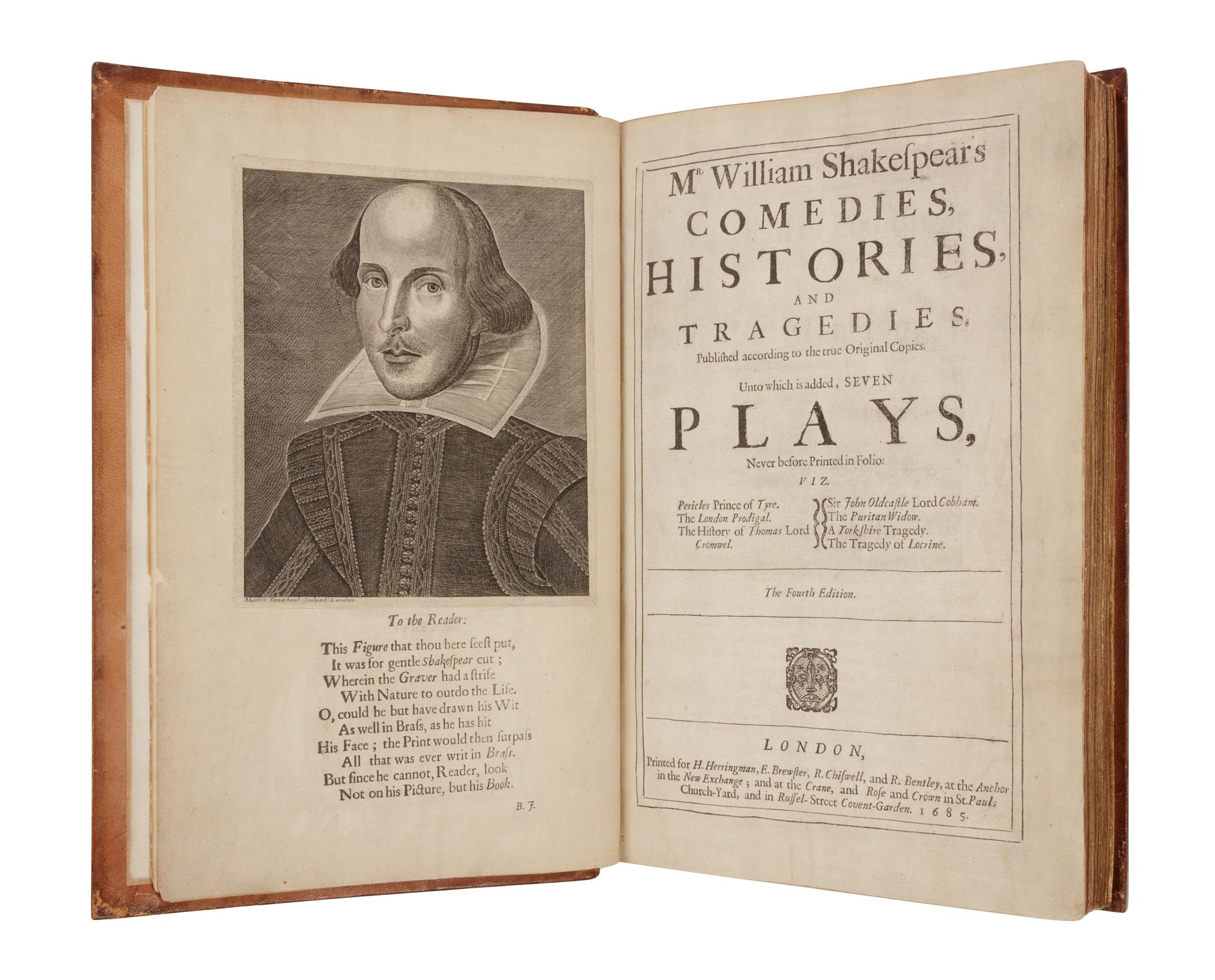 SHAKESPEARE, William (1564-1616). Mr. William Shakespear's Comedies, Histories, and Tragedies. Published according to the true Original Copies. Unto which is added, SEVEN PLAYS, Never before Printed in Folio . London, Printed for H. Herringman, E. Brewster, R. Chiswell, and R. Bentley, 1685.