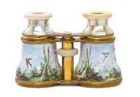 A Pair of Continental Enameled and Mother-of-Pearl Inset Opera Glasses, Width 4 1/2 inches.