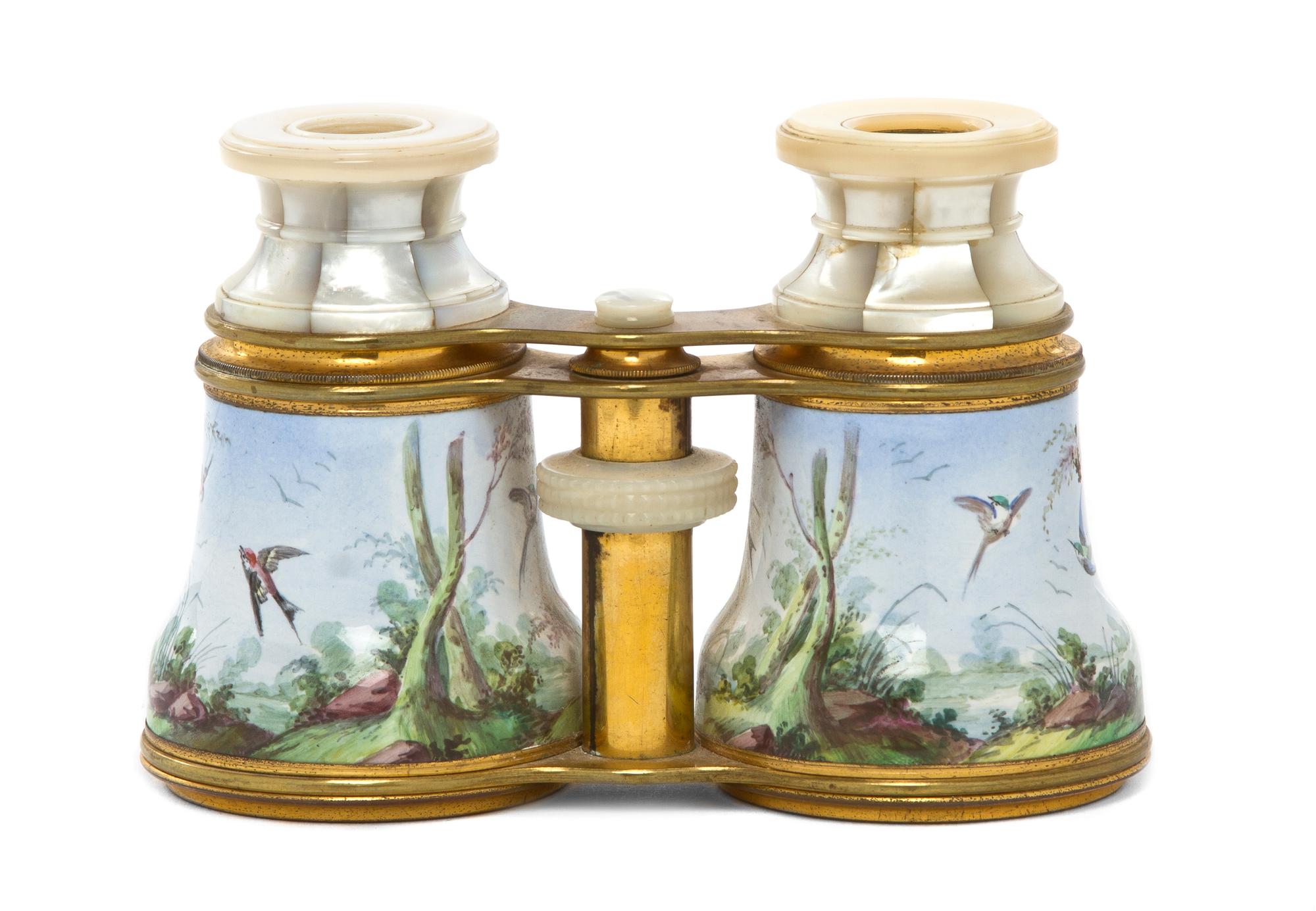 A Pair of Continental Enameled and Mother-of-Pearl Inset Opera Glasses, Width 4 1/2 inches.