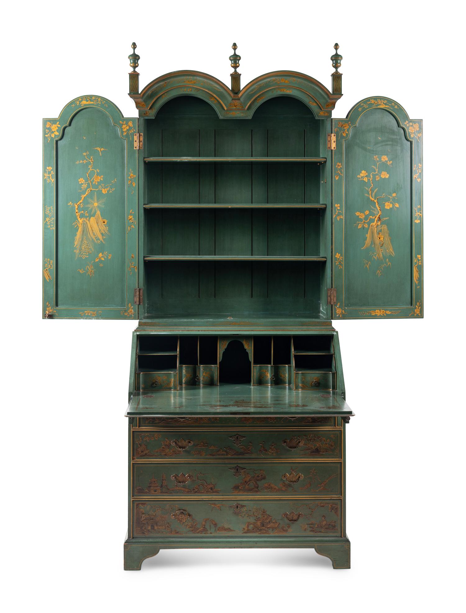 A George II Style Green and Gilt-Japanned Bureau Cabinet