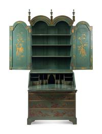 A George II Style Green and Gilt-Japanned Bureau Cabinet