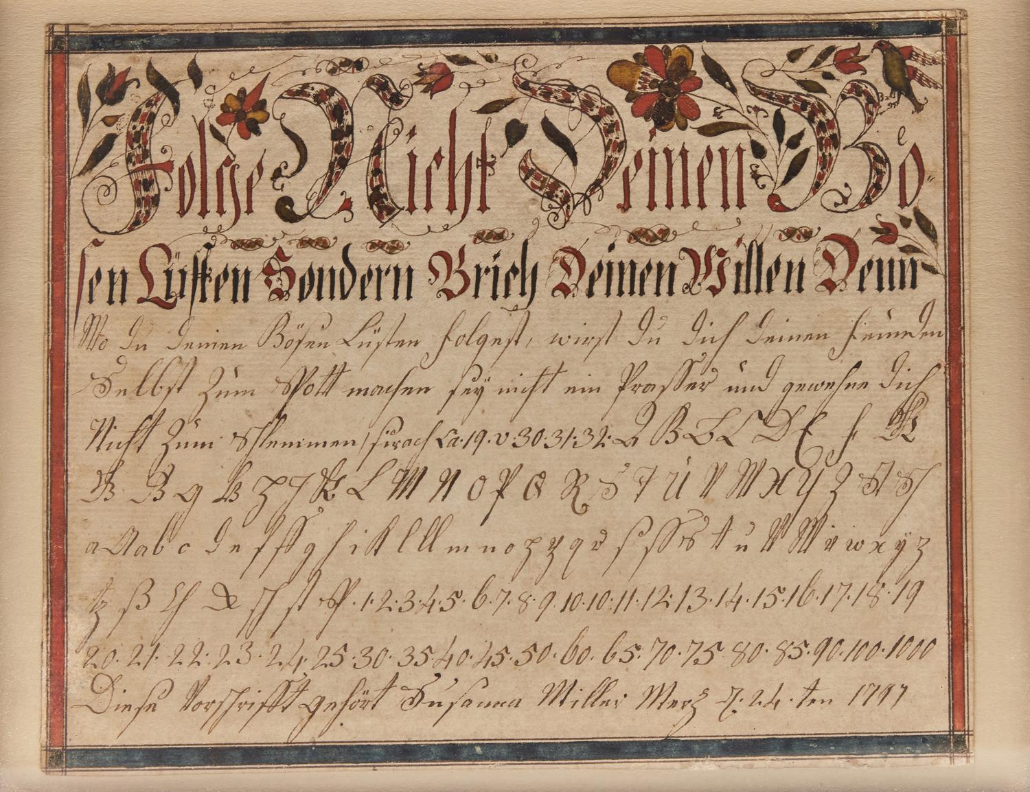A Fraktur Vorschrift for Susan Miller, Attributed to Christian Alsdorff (1760-1838), Lancaster, Pennsylvania