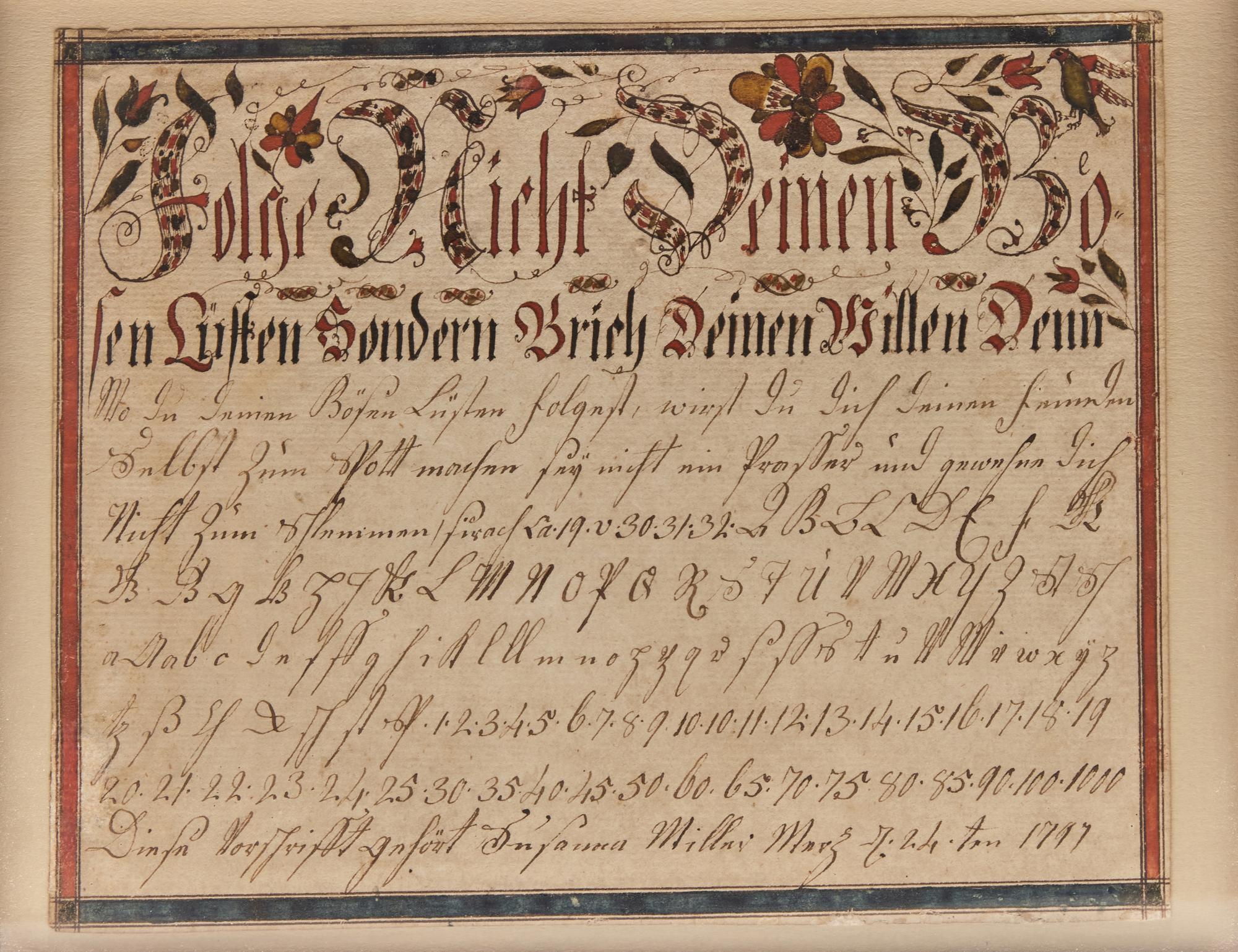 A Fraktur Vorschrift for Susan Miller, Attributed to Christian Alsdorff (1760-1838), Lancaster, Pennsylvania