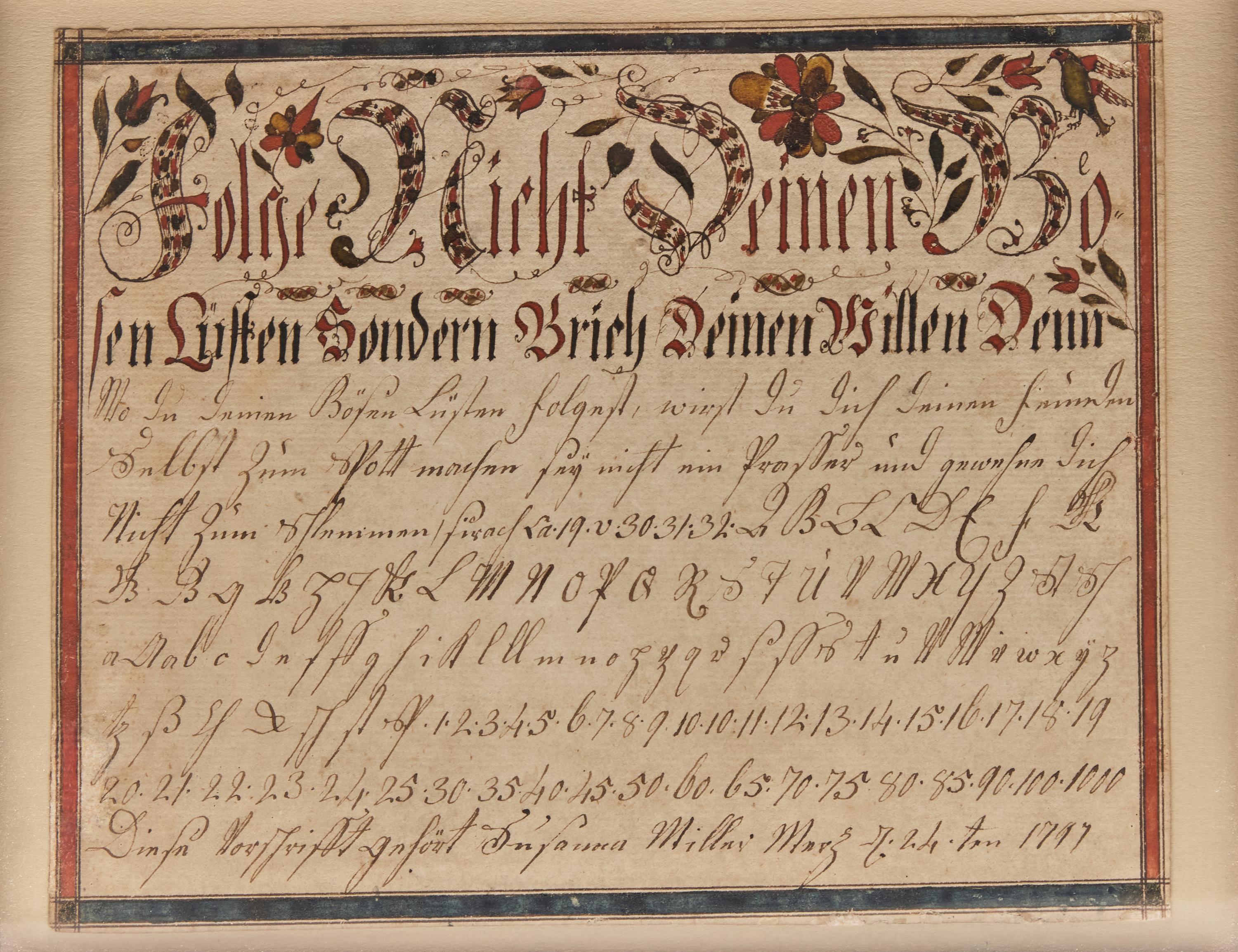 A Fraktur Vorschrift for Susan Miller, Attributed to Christian Alsdorff (1760-1838), Lancaster, Pennsylvania