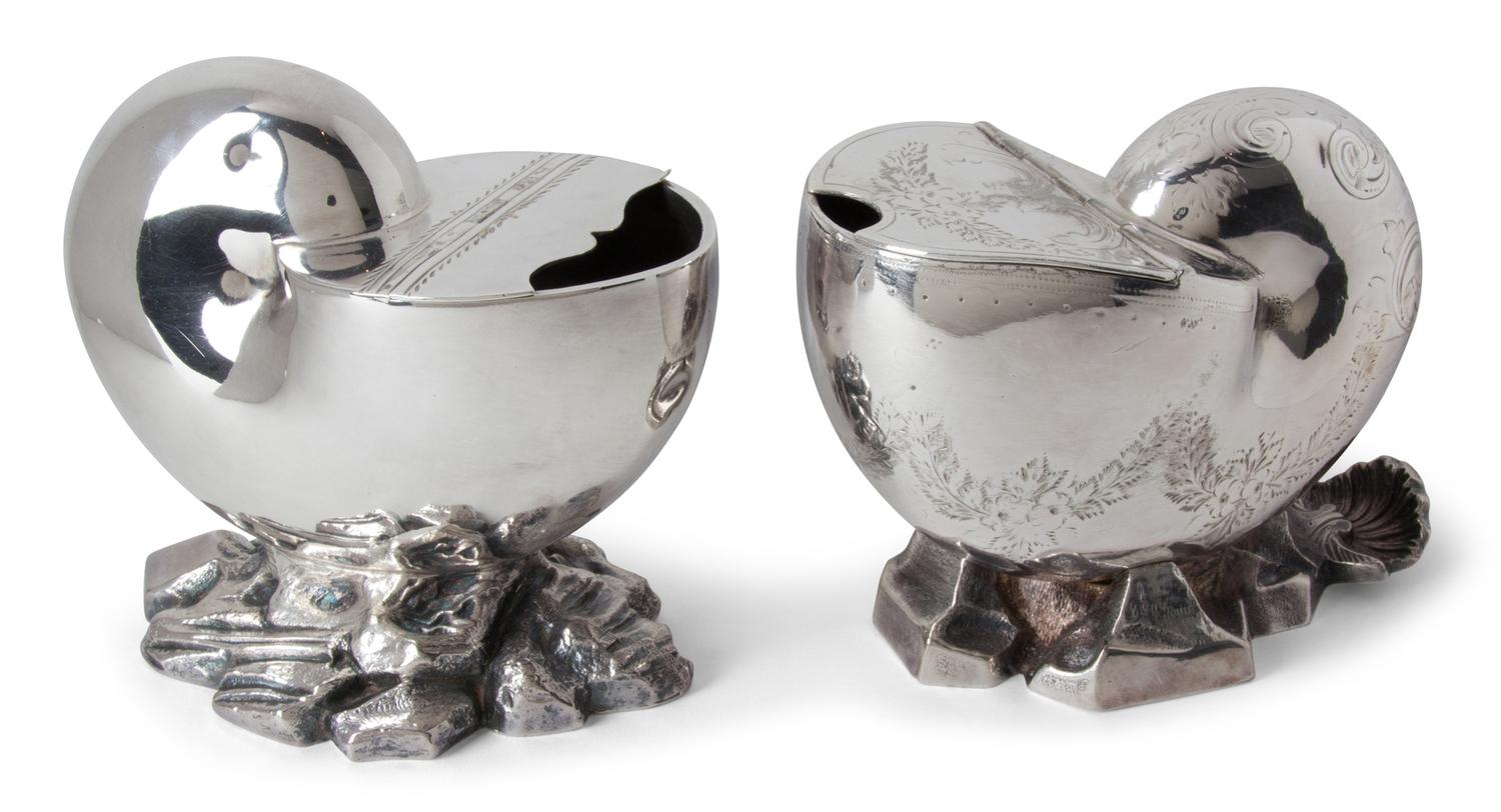 Two English Silver-Plate Nautilus Spoon Warmers — 19TH CENTURY