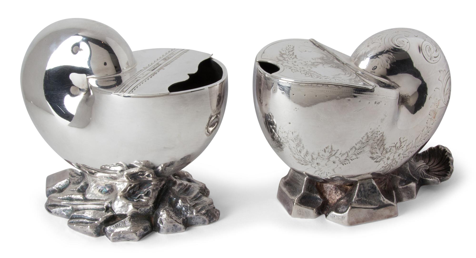 Two English Silver-Plate Nautilus Spoon Warmers — 19TH CENTURY