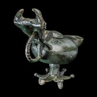 A Late Roman Bronze Lamp with Bull Head Handle and Greek Inscription