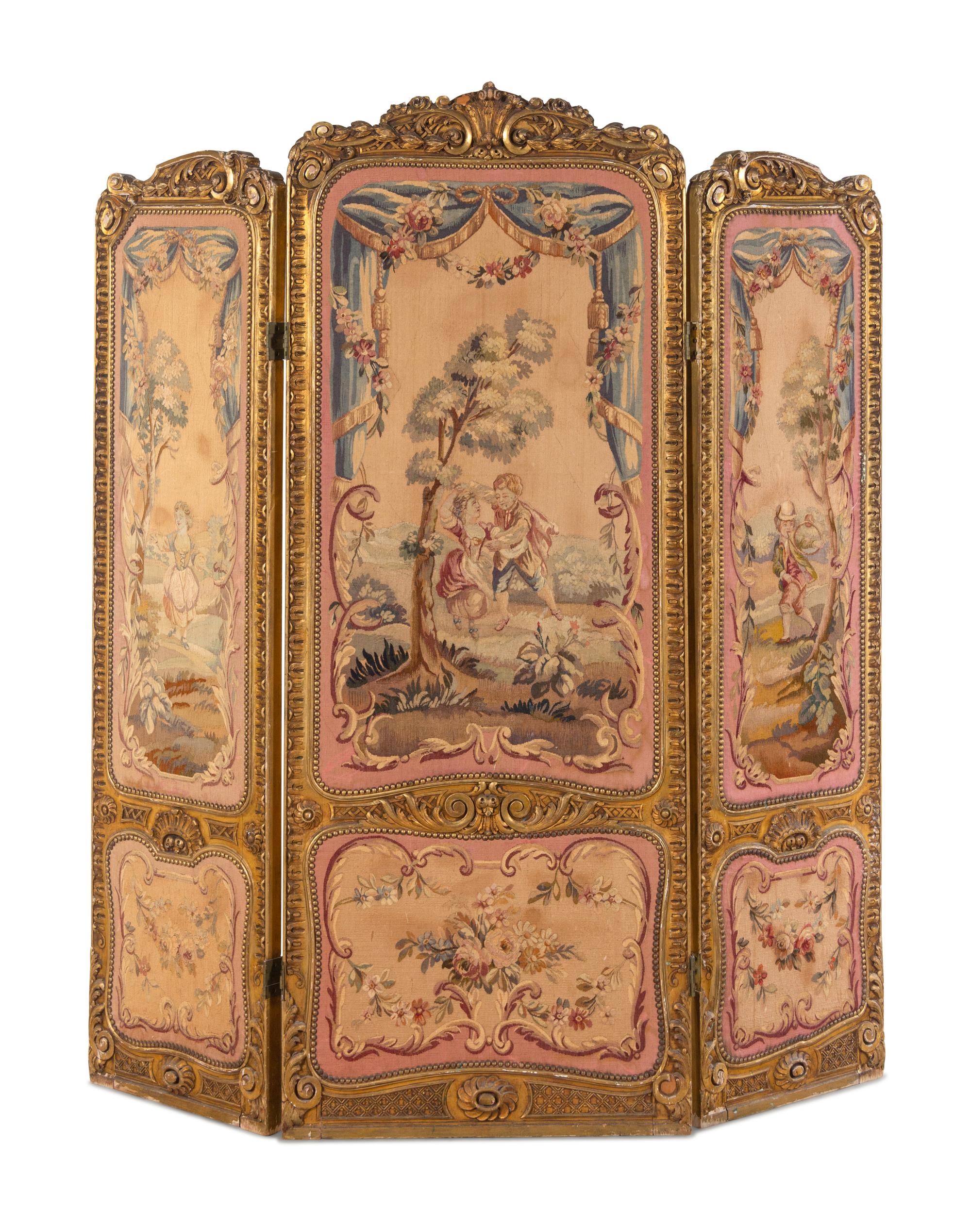 A French Tapestry-Inset Giltwood Three-Panel Floor Screen