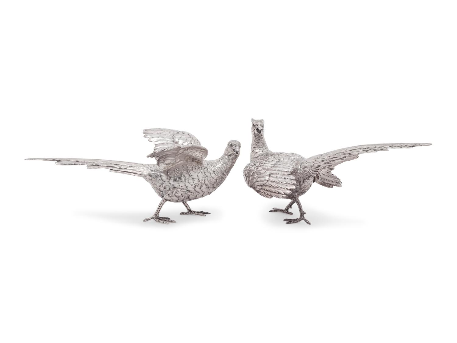 A Pair of Silver Pheasant Table Ornaments