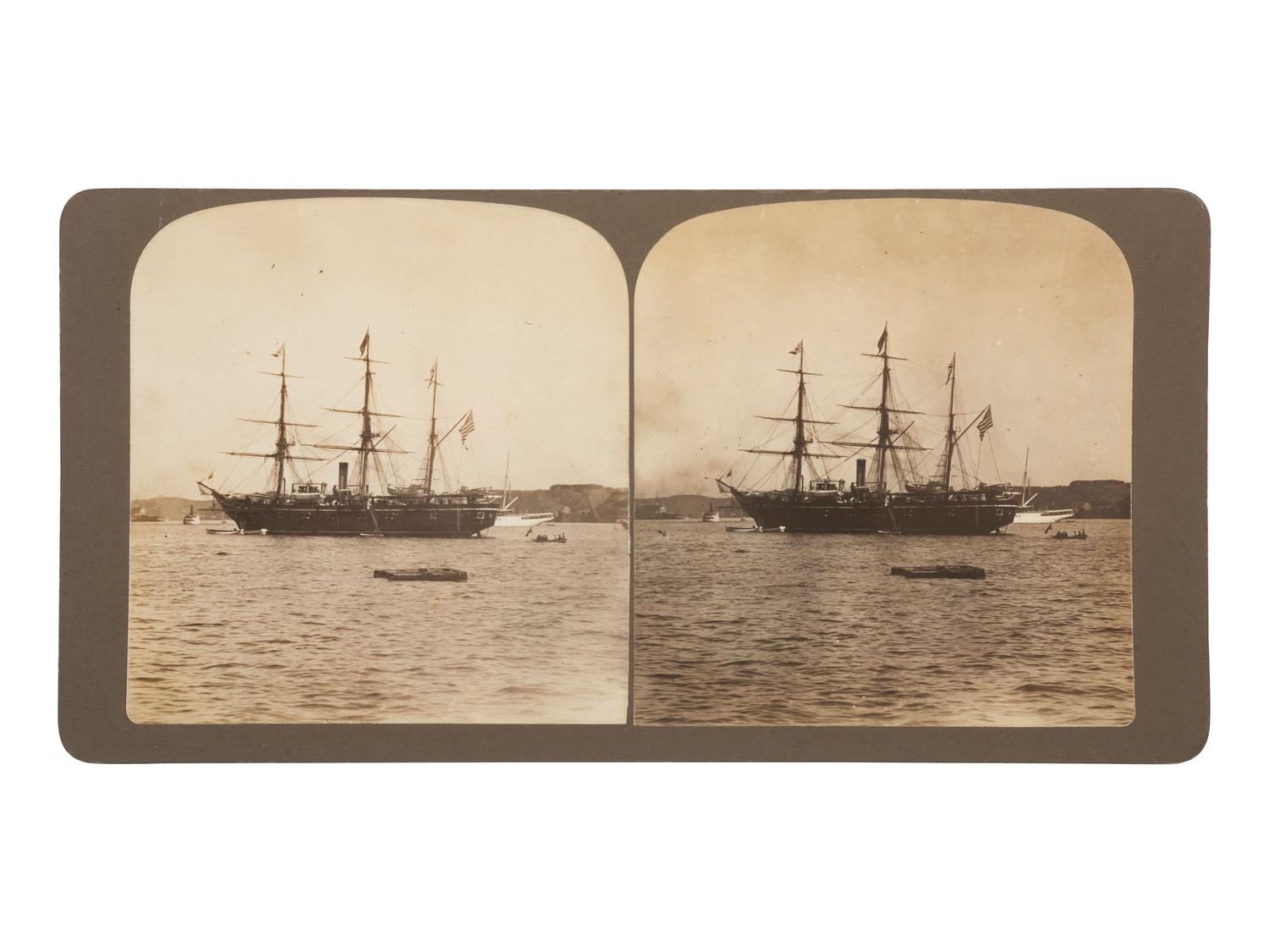 [CIVIL WAR]. 4 photographs of the USS Hartford and crew members, highlighted by CDV & stereoview.