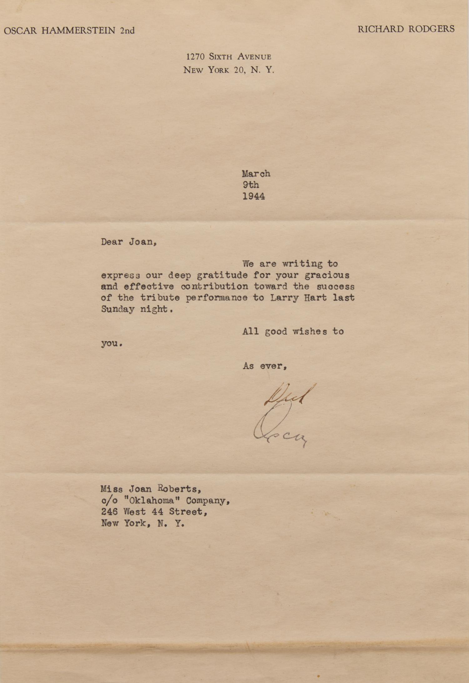 [Music] Hammerstein, Oscar, II, and Richard Rodgers, and Joan Roberts. Group of 2 Signed Items