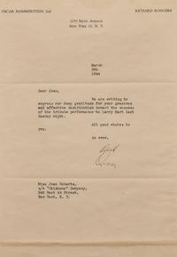 [Music] Hammerstein, Oscar, II, and Richard Rodgers, and Joan Roberts. Group of 2 Signed Items