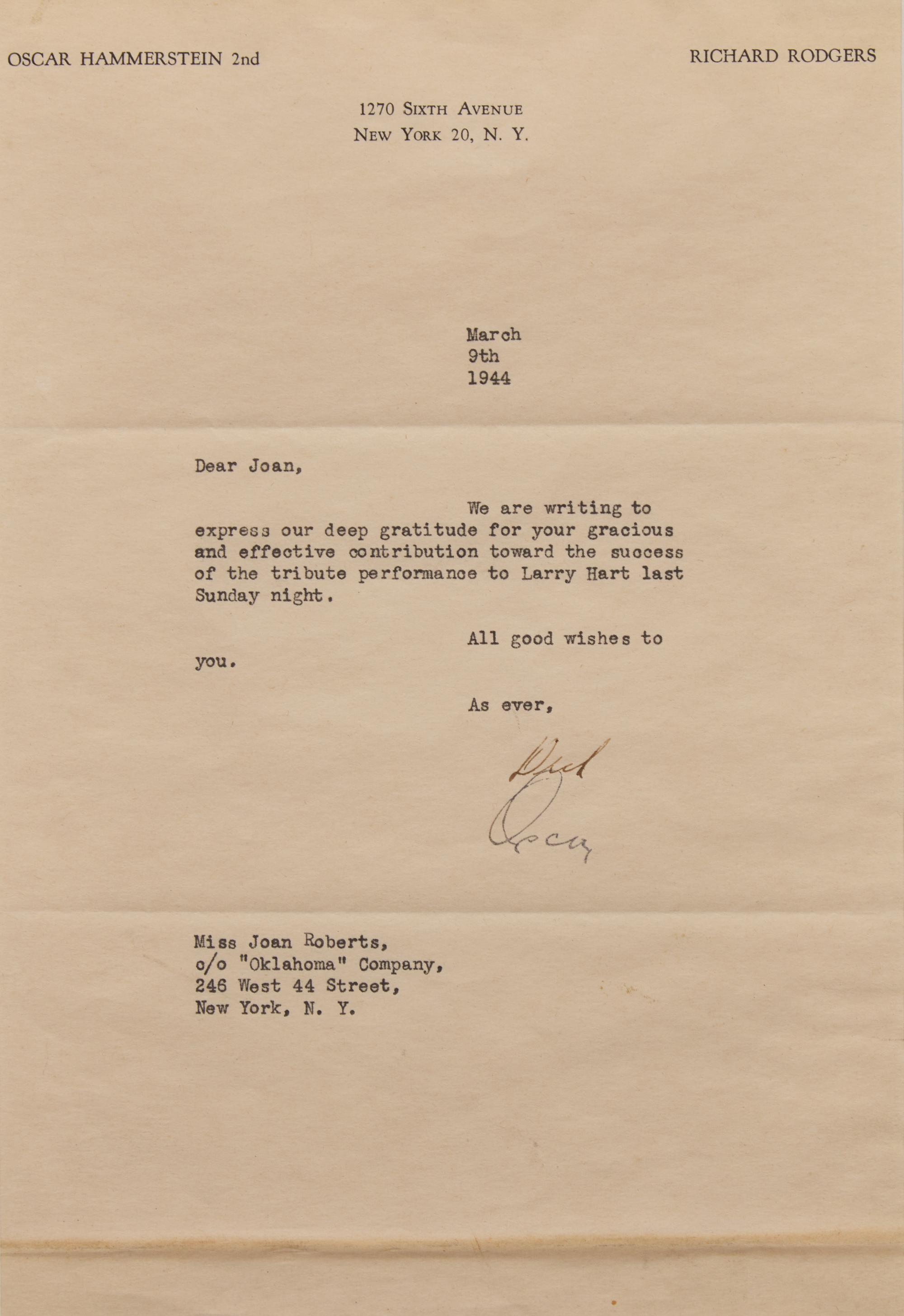 [Music] Hammerstein, Oscar, II, and Richard Rodgers, and Joan Roberts. Group of 2 Signed Items