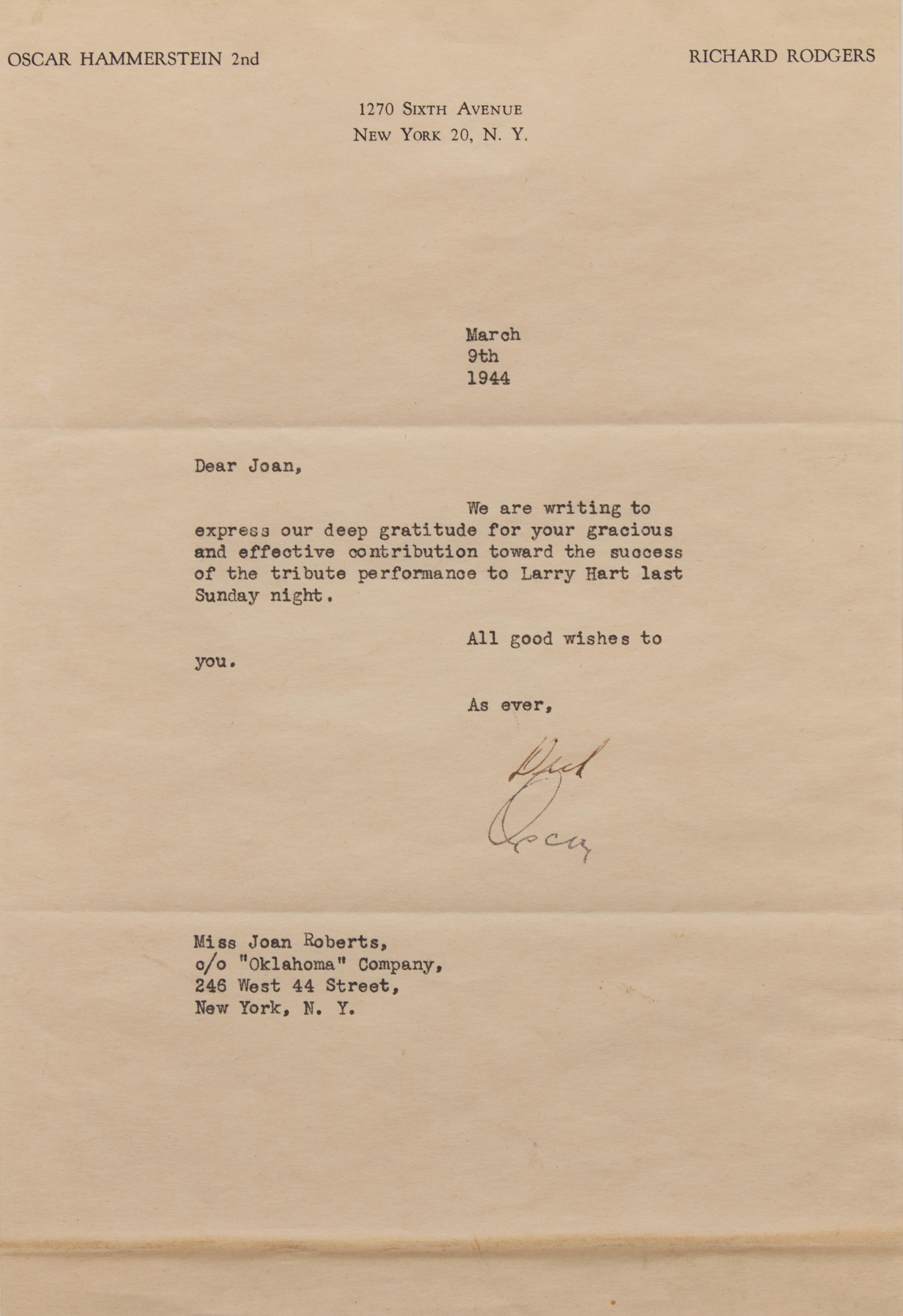 [Music] Hammerstein, Oscar, II, and Richard Rodgers, and Joan Roberts. Group of 2 Signed Items