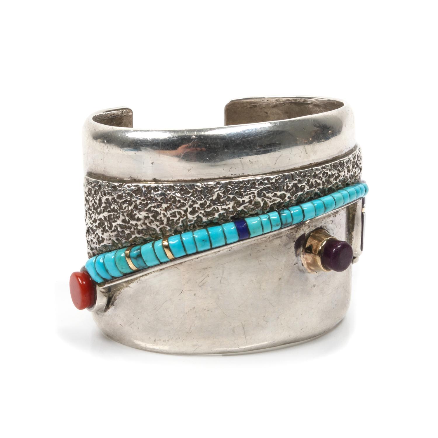 A Hopi Domed Silver and Multi-Stone Cuff Bracelet, Charles Loloma Length 5 1/4 x opening 7/8 x width 1 7/8 inches.