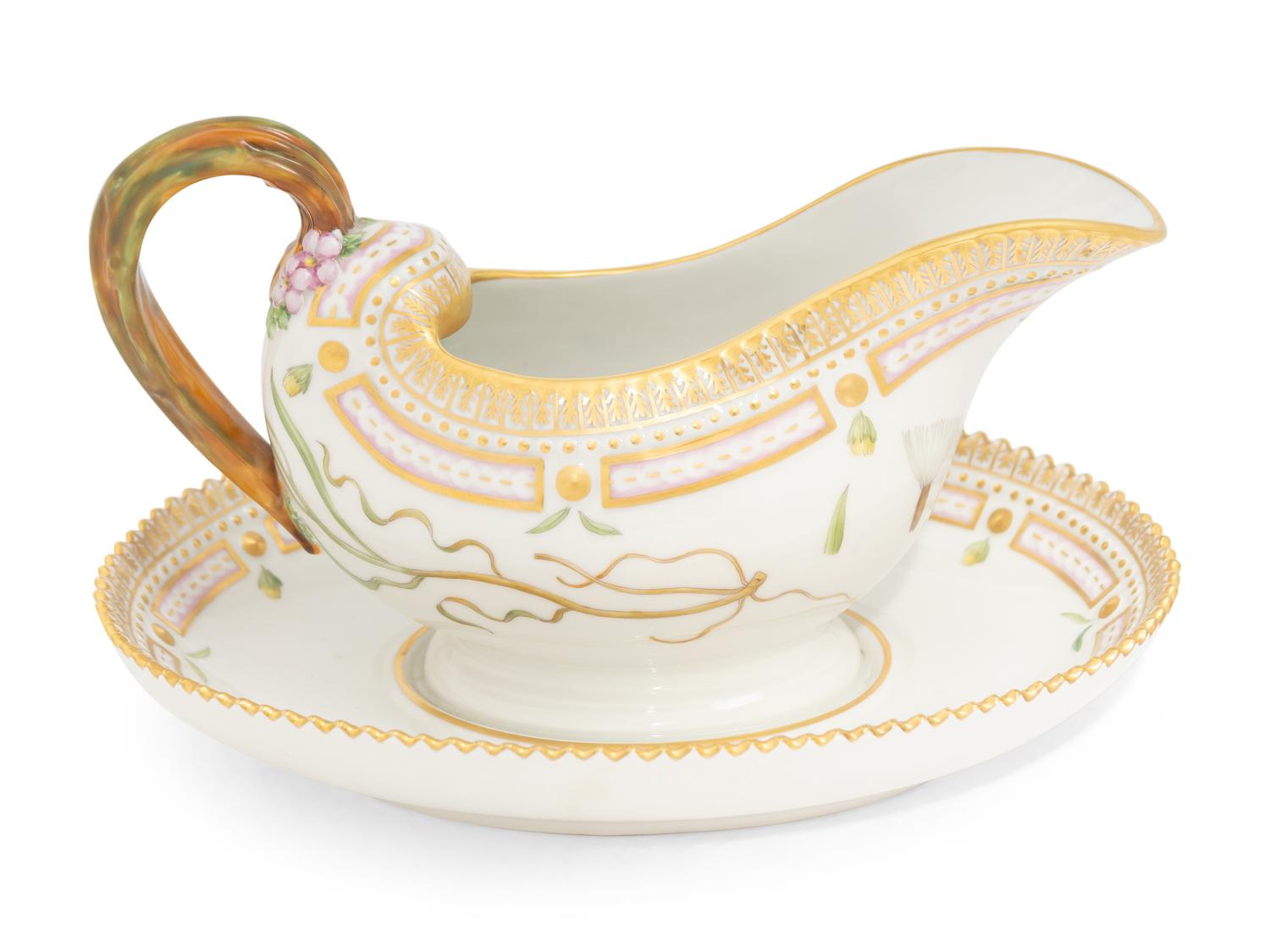 A Royal Copenhagen Flora Danica Porcelain Sauce Boat with Attached Underplate