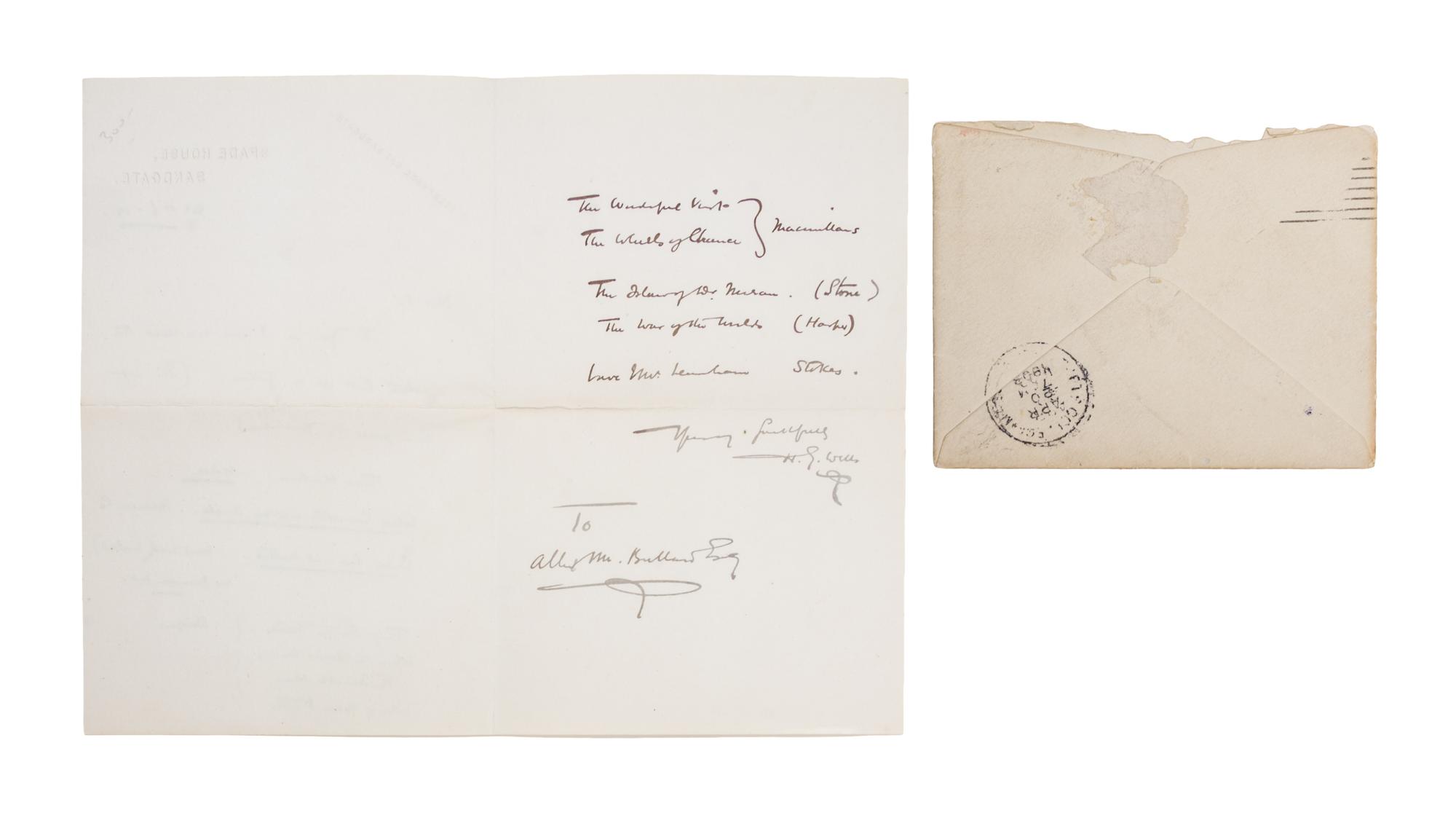 WELLS, H. G. Autographed letter signed, 1903. To Albert M. Buard of Lufton College.