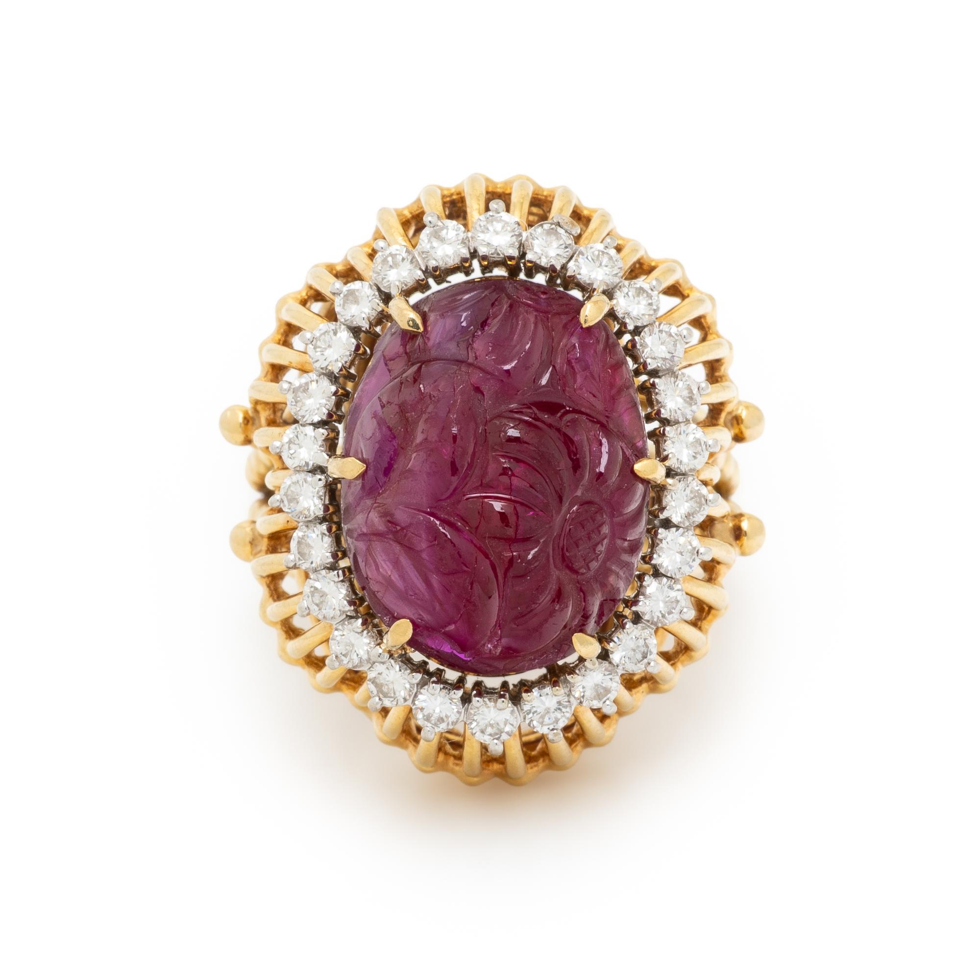 RUBY, DIAMOND, AND YELLOW GOLD RING