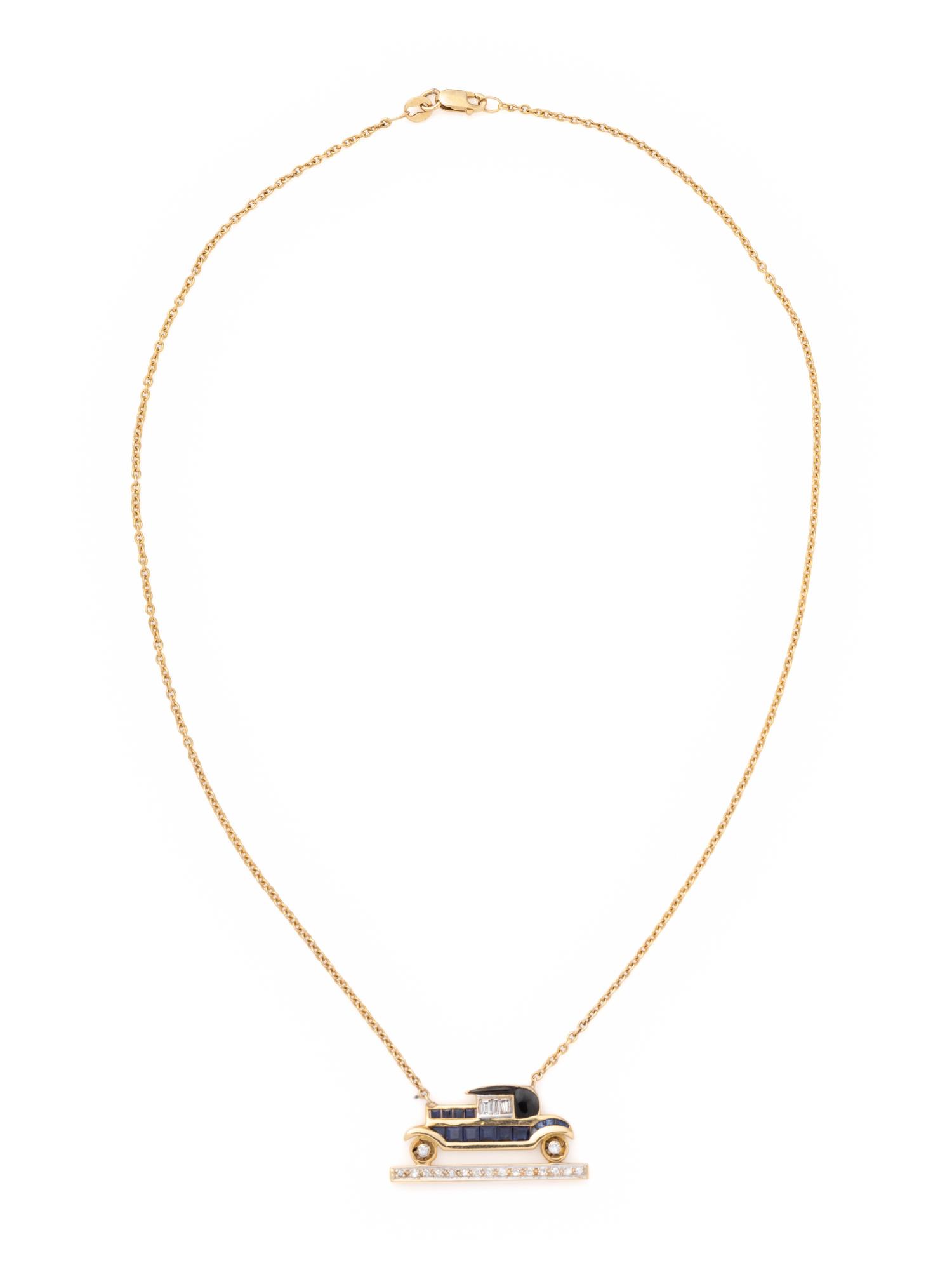 YELLOW GOLD, SAPPHIRE AND DIAMOND CAR NECKLACE