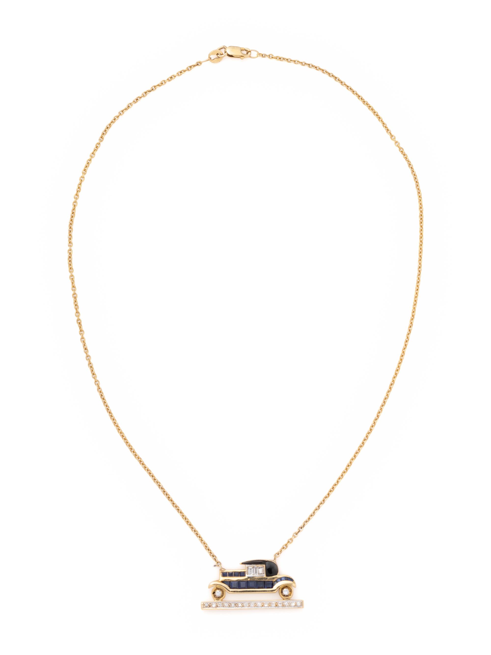 YELLOW GOLD, SAPPHIRE AND DIAMOND CAR NECKLACE
