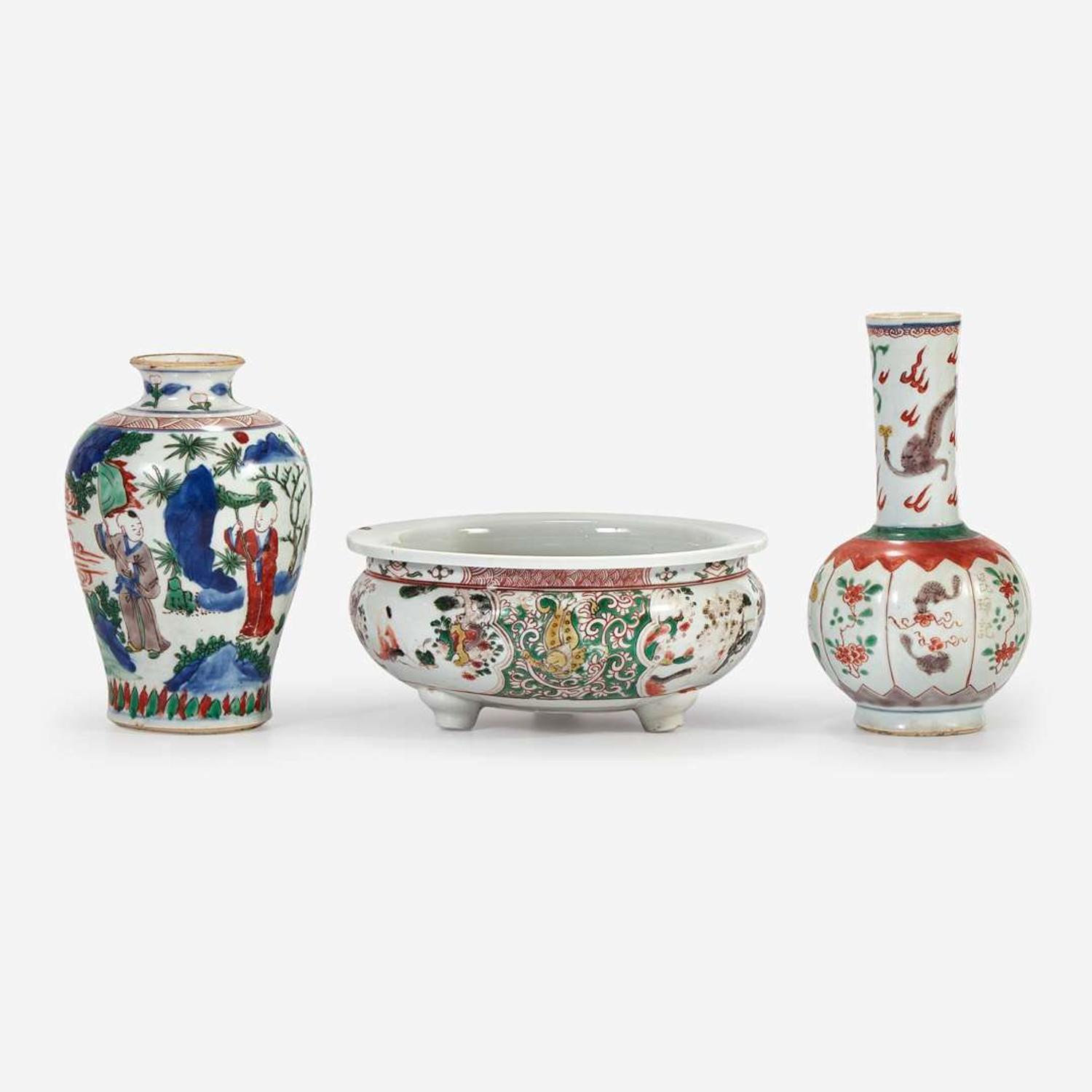 A Wucai porcelain small vase, a famille verte lobed vase, and an enameled porcelain censer 17th century or later