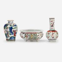 A Wucai porcelain small vase, a famille verte lobed vase, and an enameled porcelain censer 17th century or later