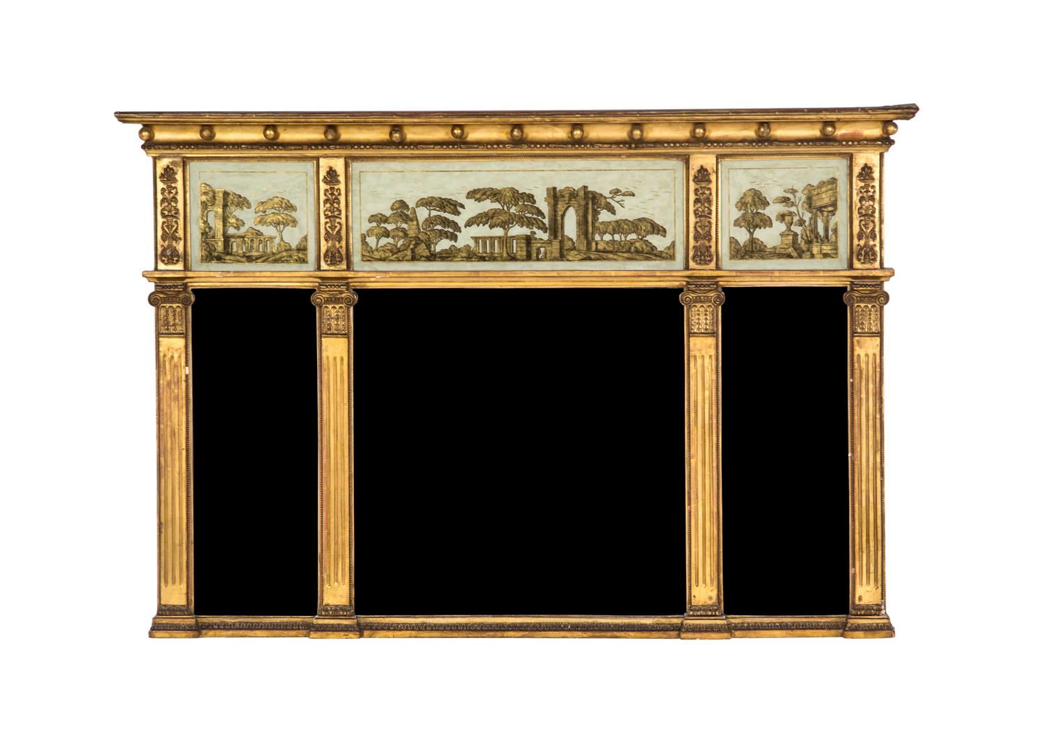 A Regency Giltwood and Eglomise Over Mantel Mirror, Height 38 x width 51 inches.