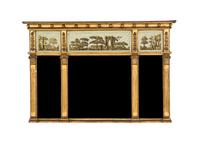 A Regency Giltwood and Eglomise Over Mantel Mirror, Height 38 x width 51 inches.