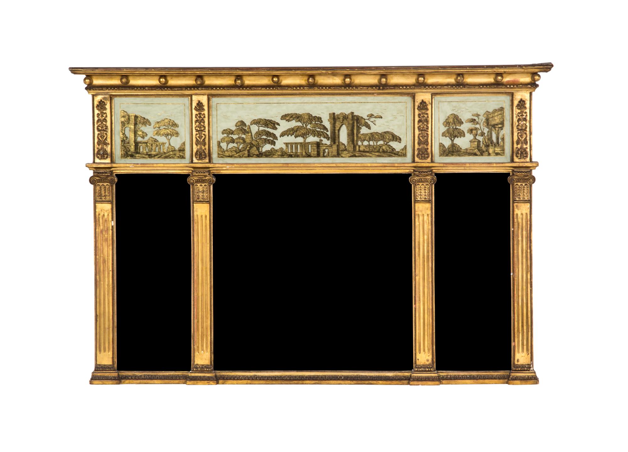 A Regency Giltwood and Eglomise Over Mantel Mirror, Height 38 x width 51 inches.