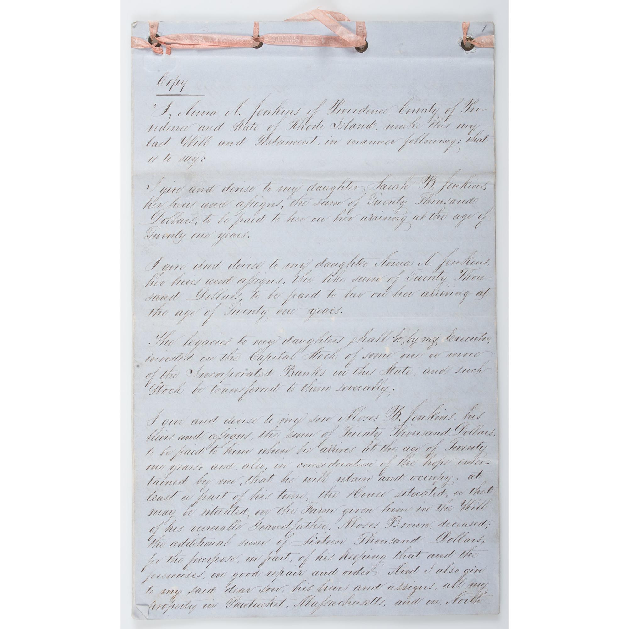 Anna Almy Jenkins, Quaker and Granddaughter of Brown University Founder, Moses Brown, Archive Featuring Correspondence, Wills, and Documents from the Religious Society of Friends