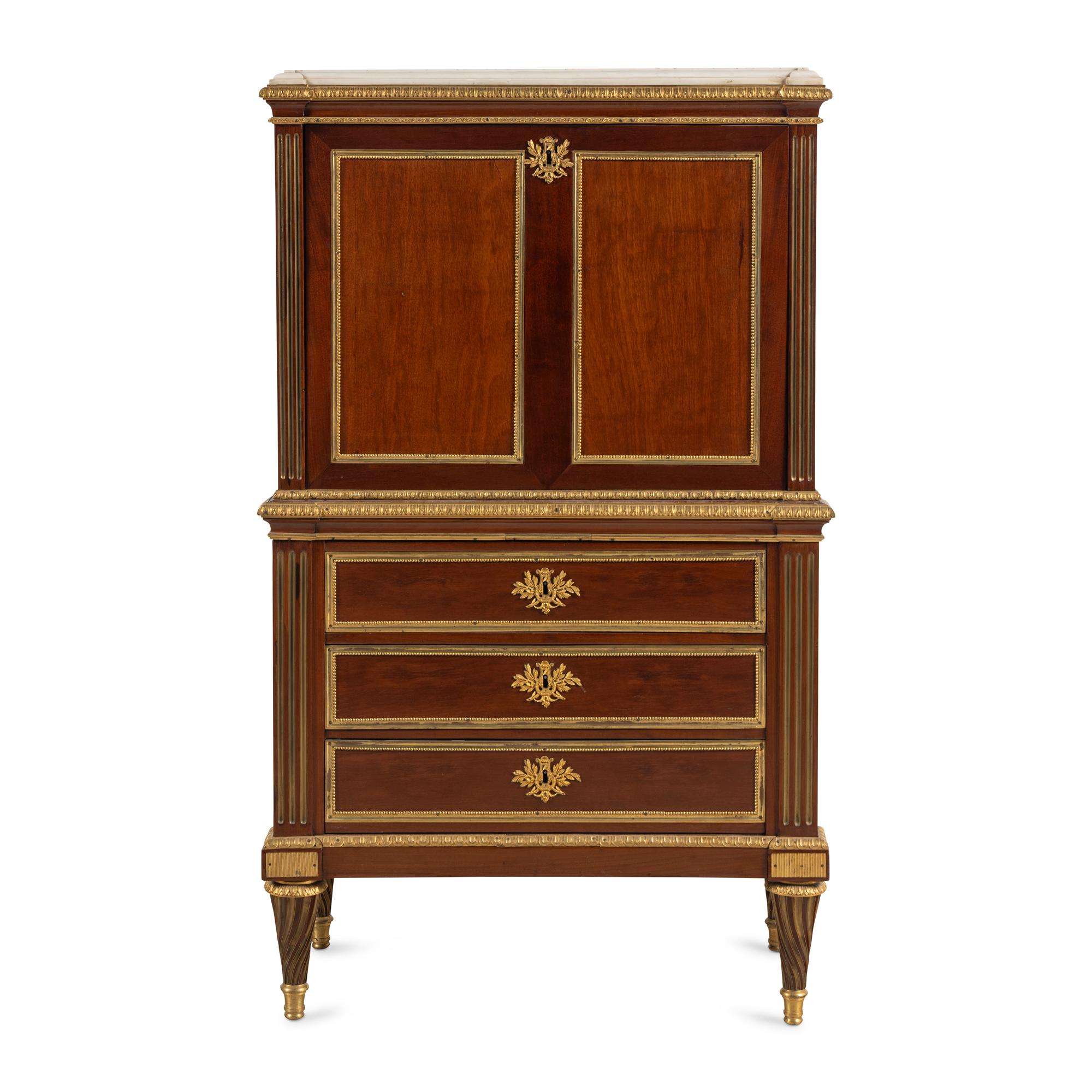 A Louis XVI Brass-Inlaid and Gilt Bronze Mounted Mahogany Secrétaire à Abattant