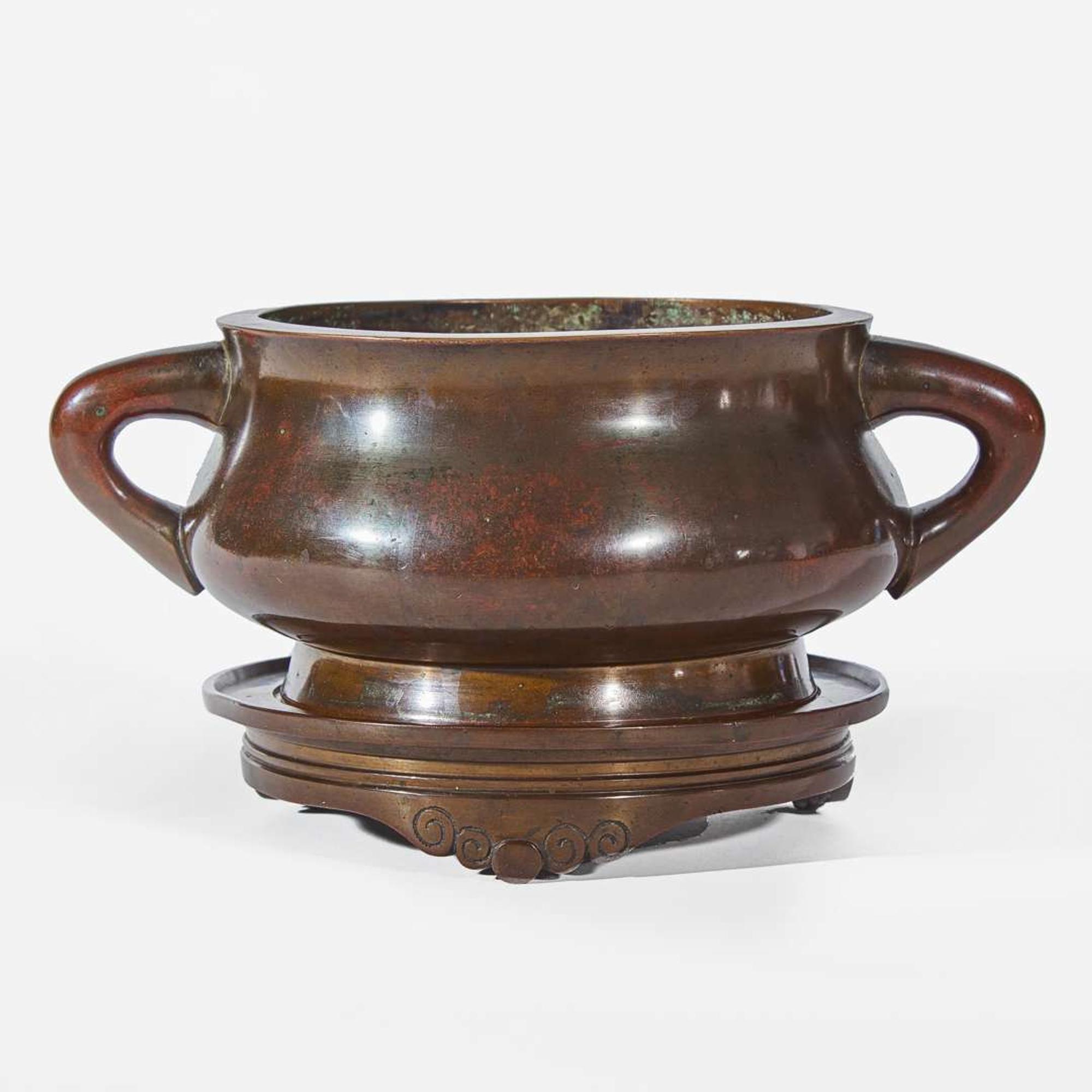 A Chinese patinated bronze censer and stand 铜香炉及底座 Xuande mark, 18th century or earlier ??? ???????