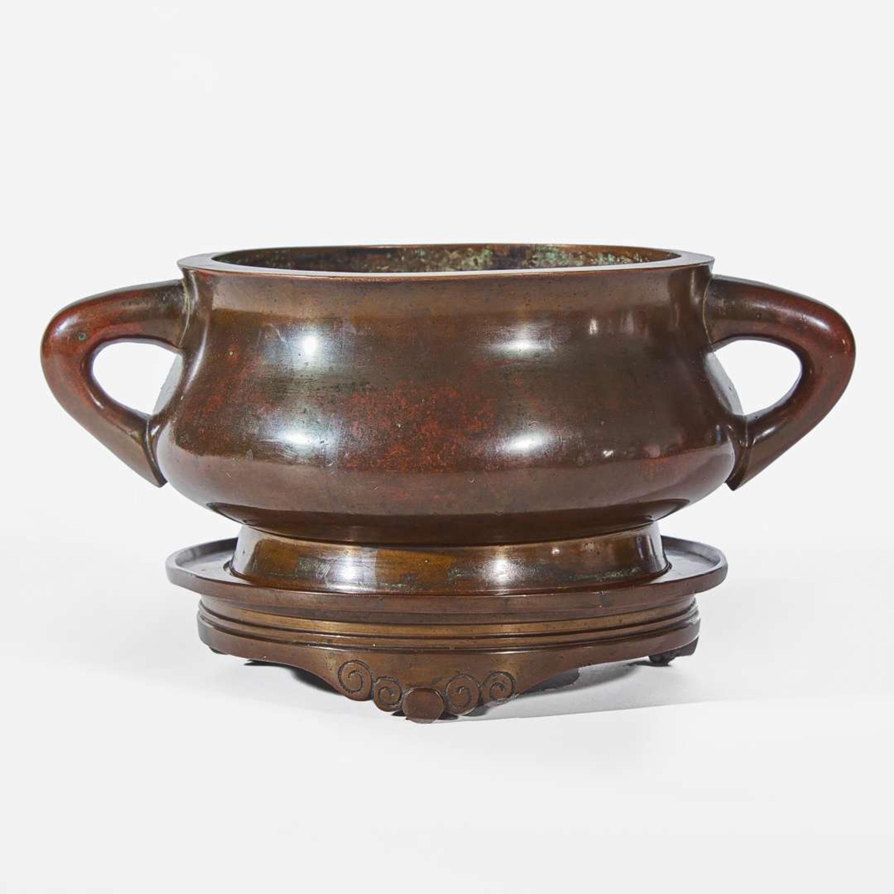 A Chinese patinated bronze censer and stand 铜香炉及底座 Xuande mark, 18th century or earlier ??? ???????