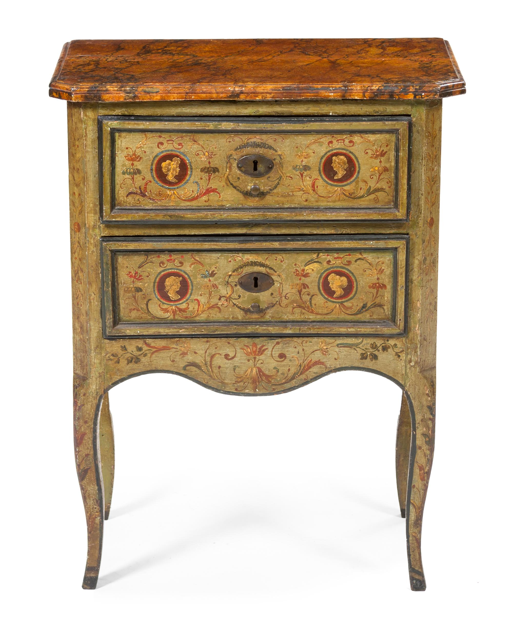 An Italian Painted Commode, Height 30 1/2 x width 24 x depth 13 1/2 inches.