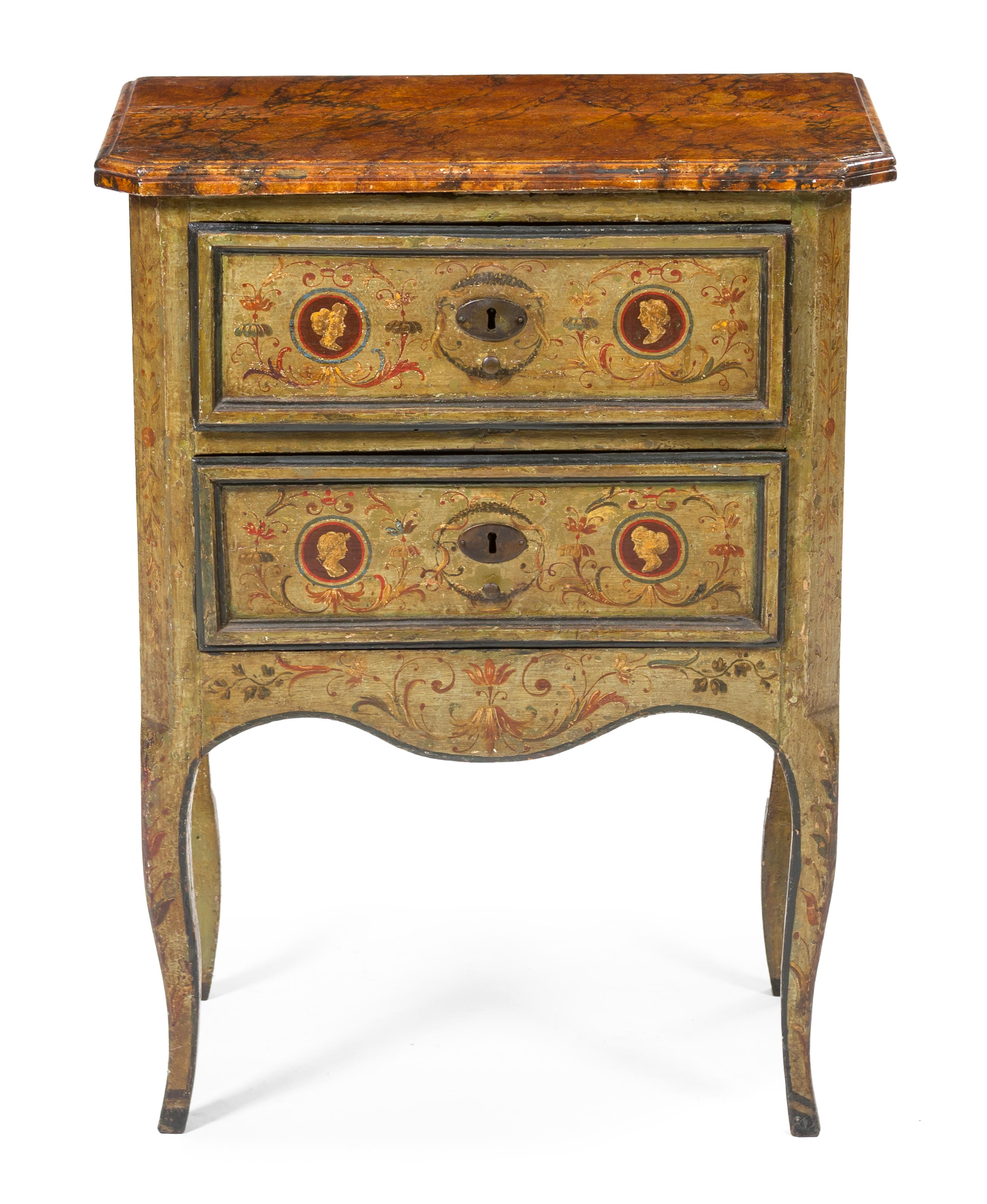 An Italian Painted Commode, Height 30 1/2 x width 24 x depth 13 1/2 inches.