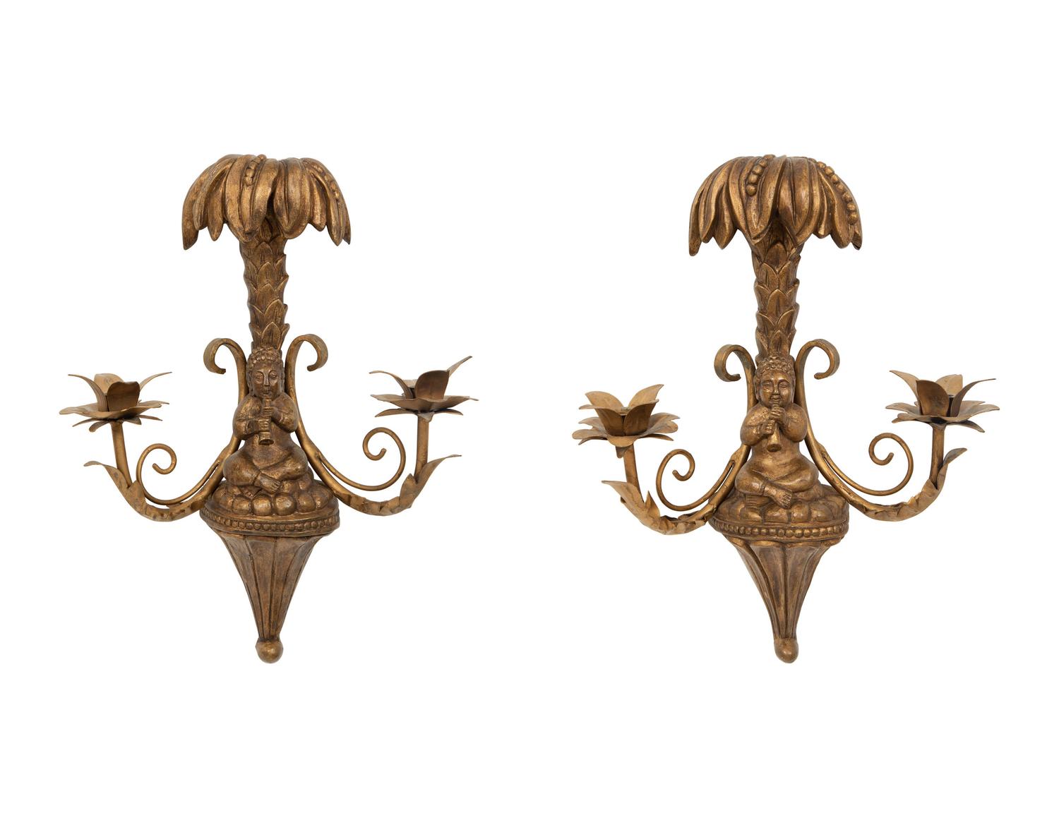 A Pair of Giltwood and Gilt Metal Two Light Wall Sconces