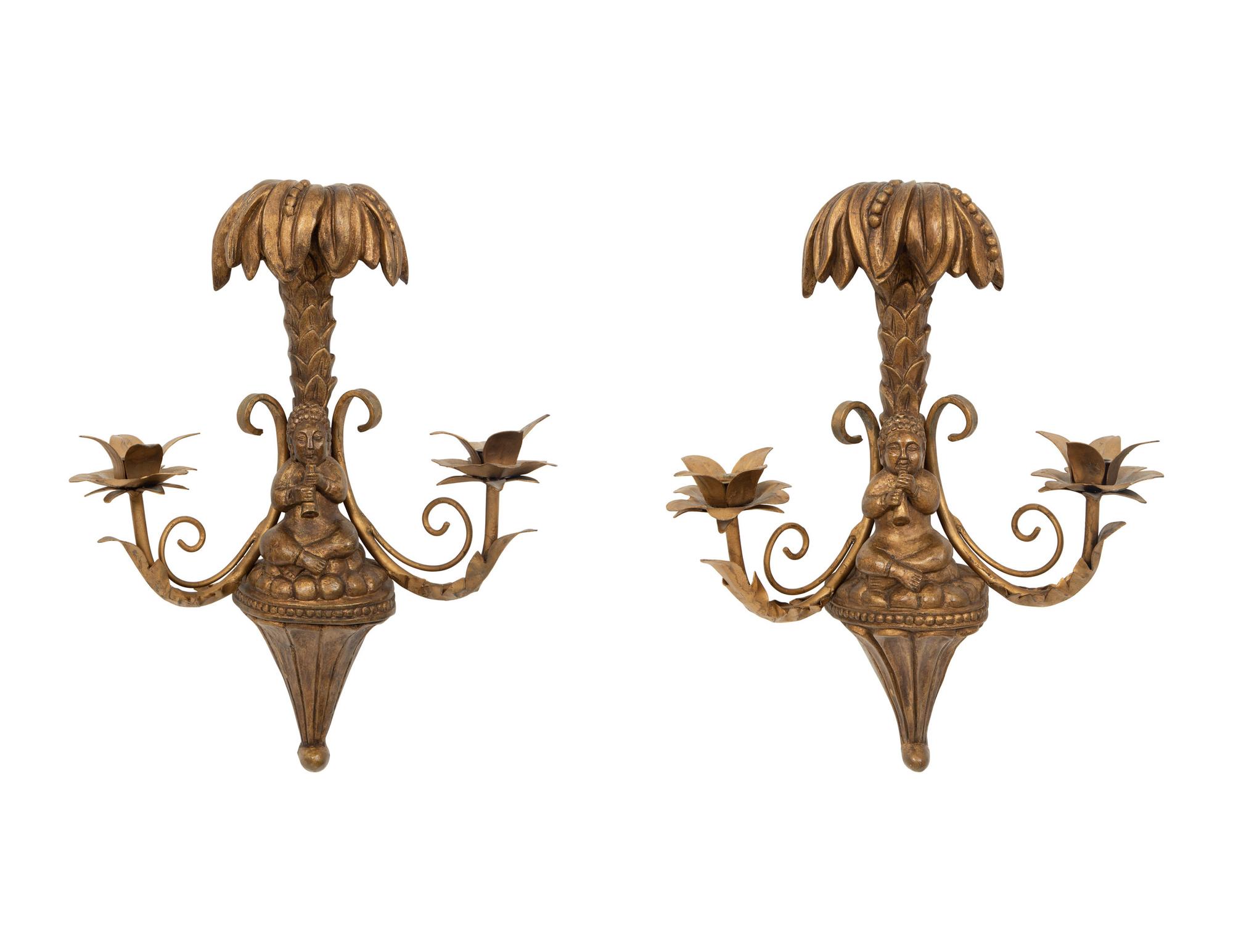 A Pair of Giltwood and Gilt Metal Two Light Wall Sconces
