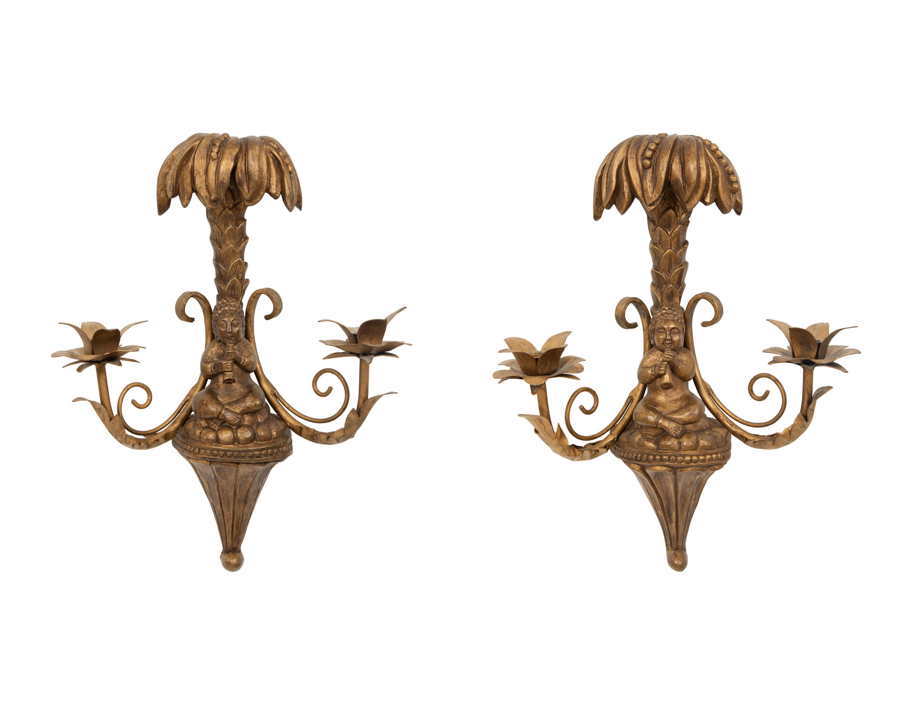 A Pair of Giltwood and Gilt Metal Two Light Wall Sconces