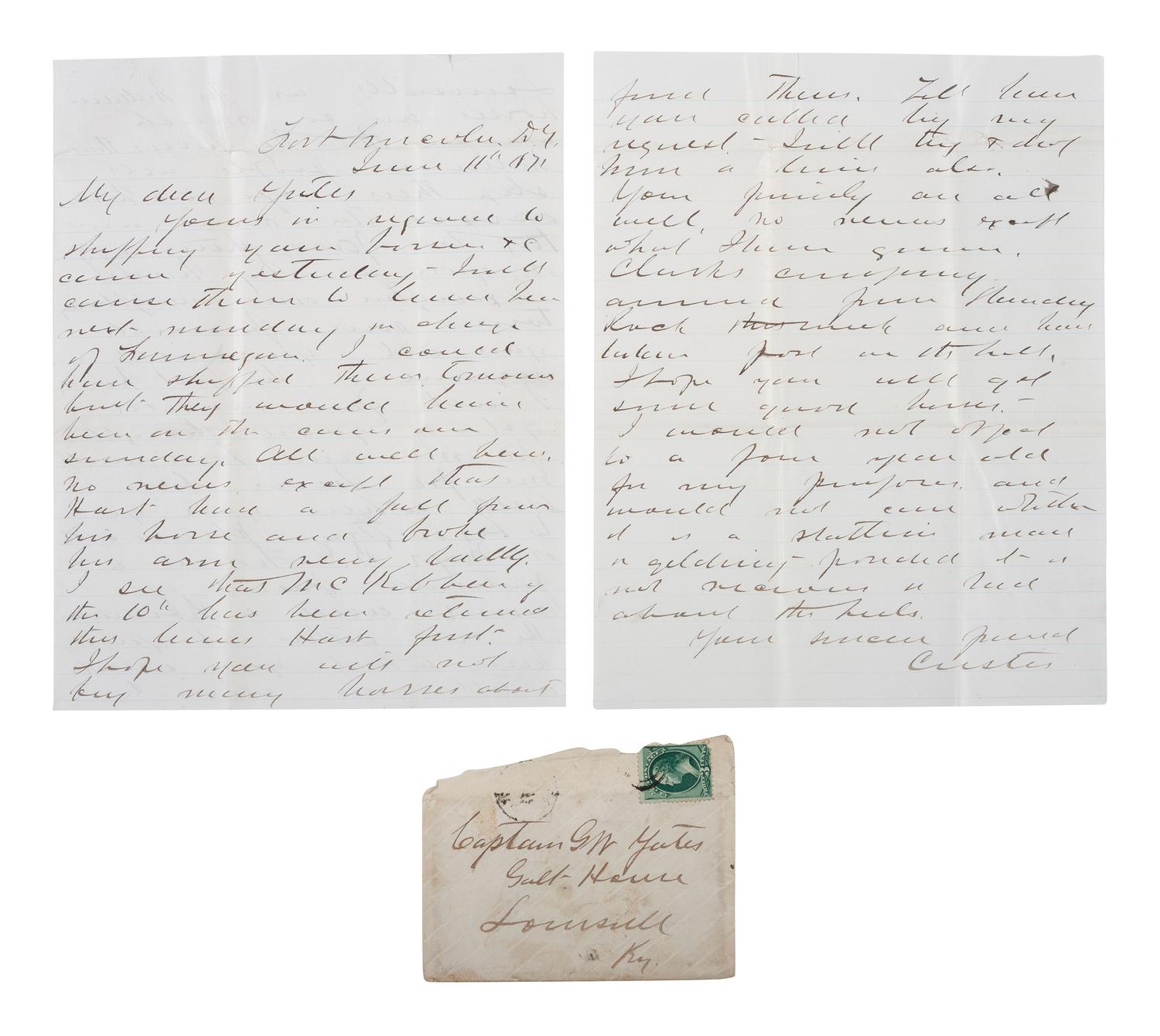 CUSTER, George Armstrong (1839-1876). Autograph letter signed ("Custer"), to Captain George Yates, 7th Cavalry. Fort Yates, Dakota Territory, 11 June 1871.
