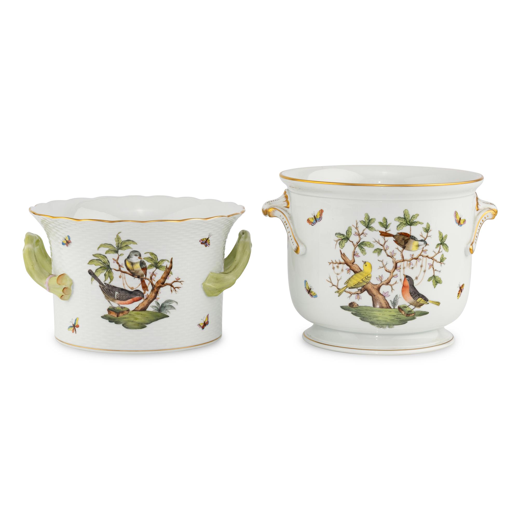 Two Herend Rothschild Bird Porcelain Cache Pots