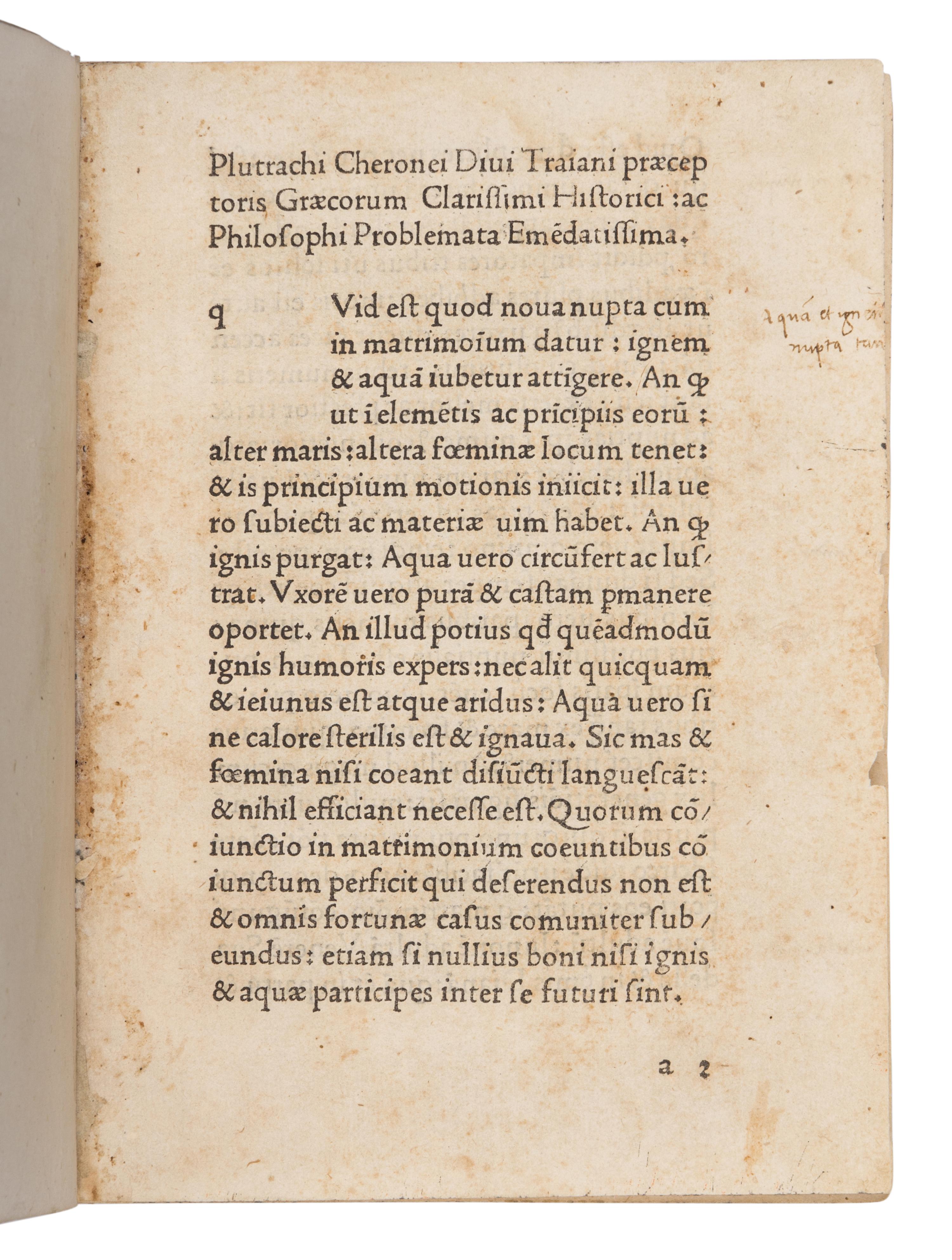 PLUTARCH (ca 46-ca120). Problemata . Translated by Joannes Petri Lucensis. Edited by Joannes Calphurnius. [Ferrara?: Andreas Belfortis, Gallus, ca 1477?].