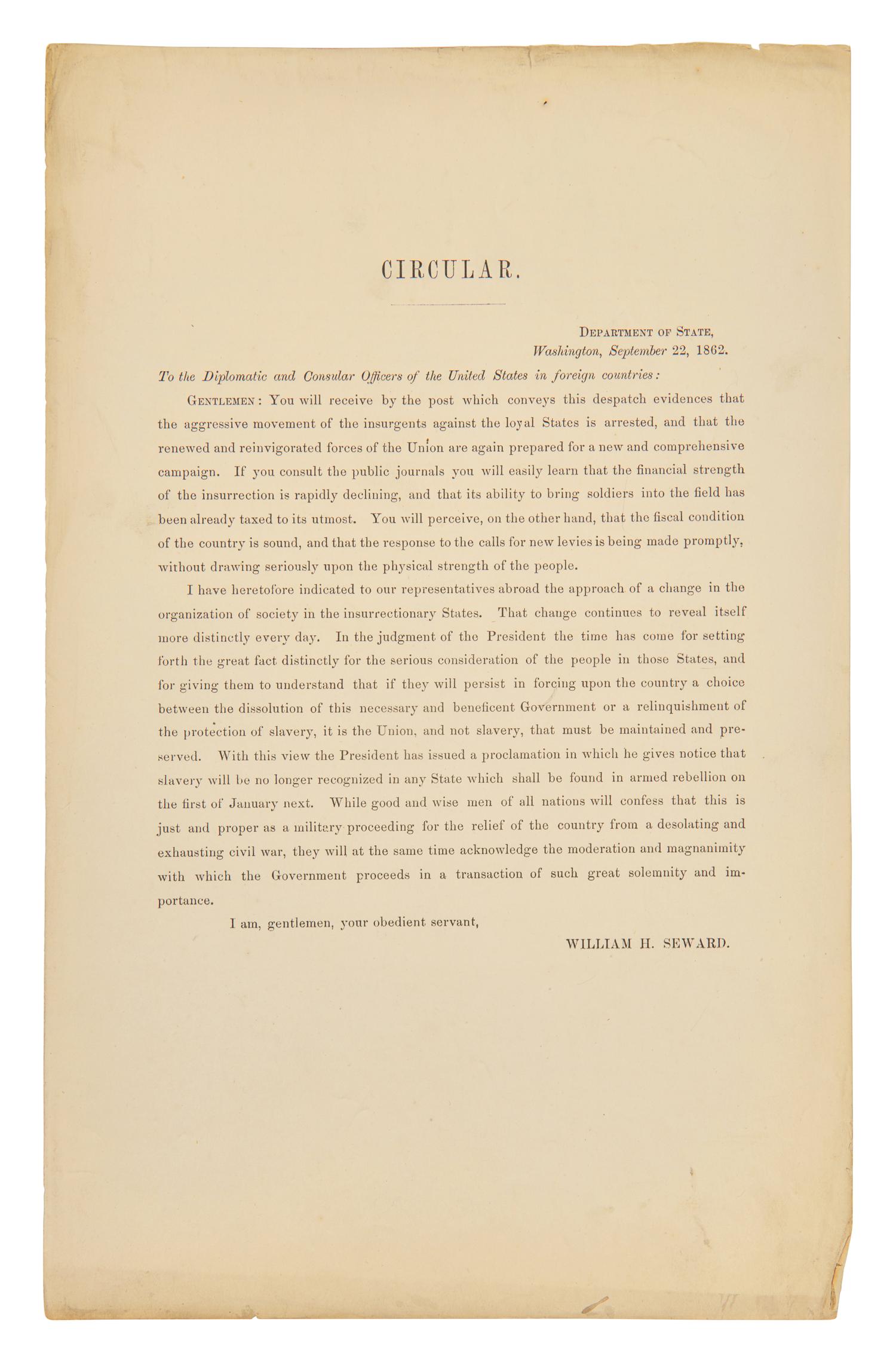 [Presidential] [Lincoln, Abraham] Seward, William H. Printed Circular Letter
