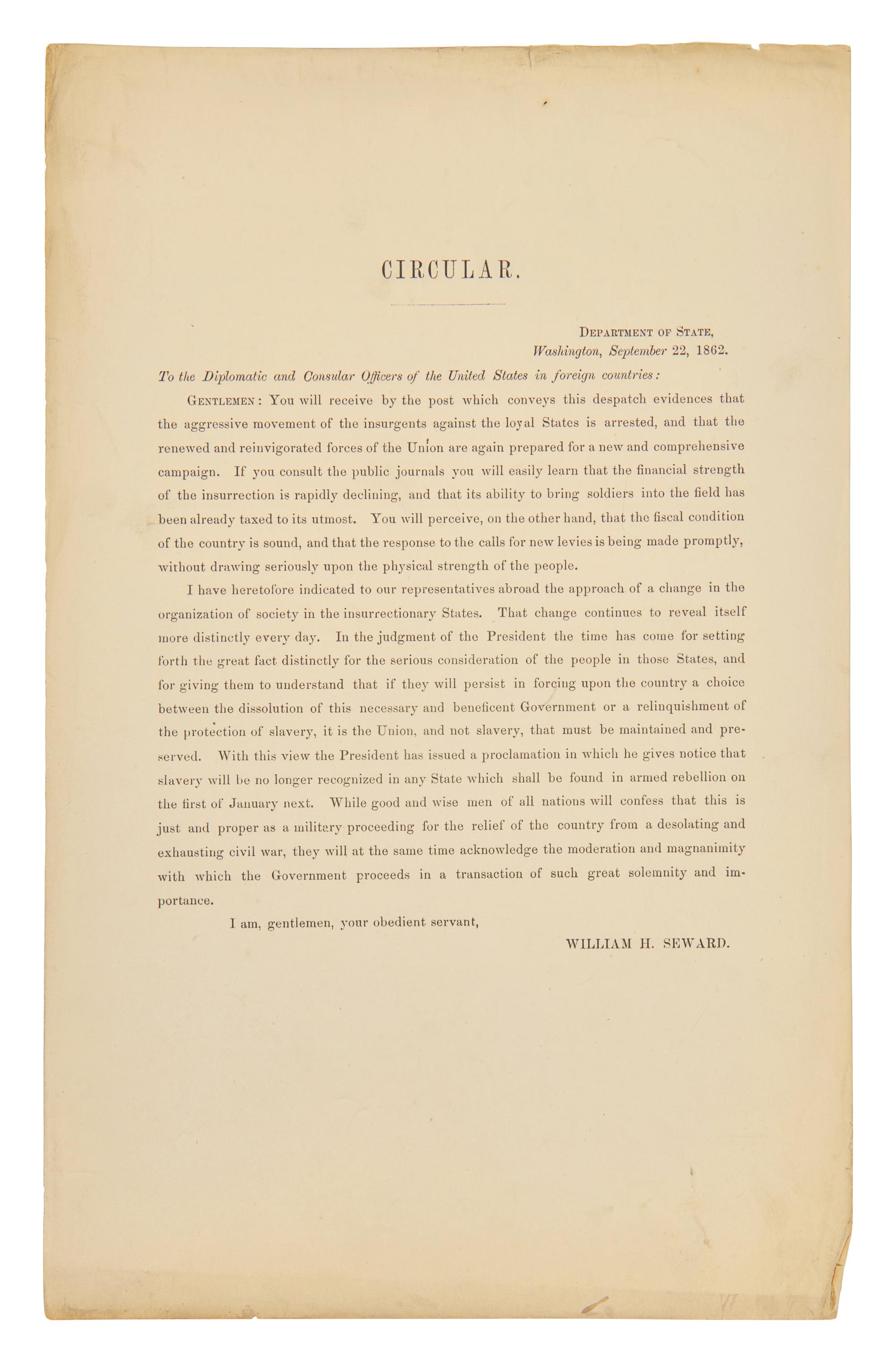 [Presidential] [Lincoln, Abraham] Seward, William H. Printed Circular Letter
