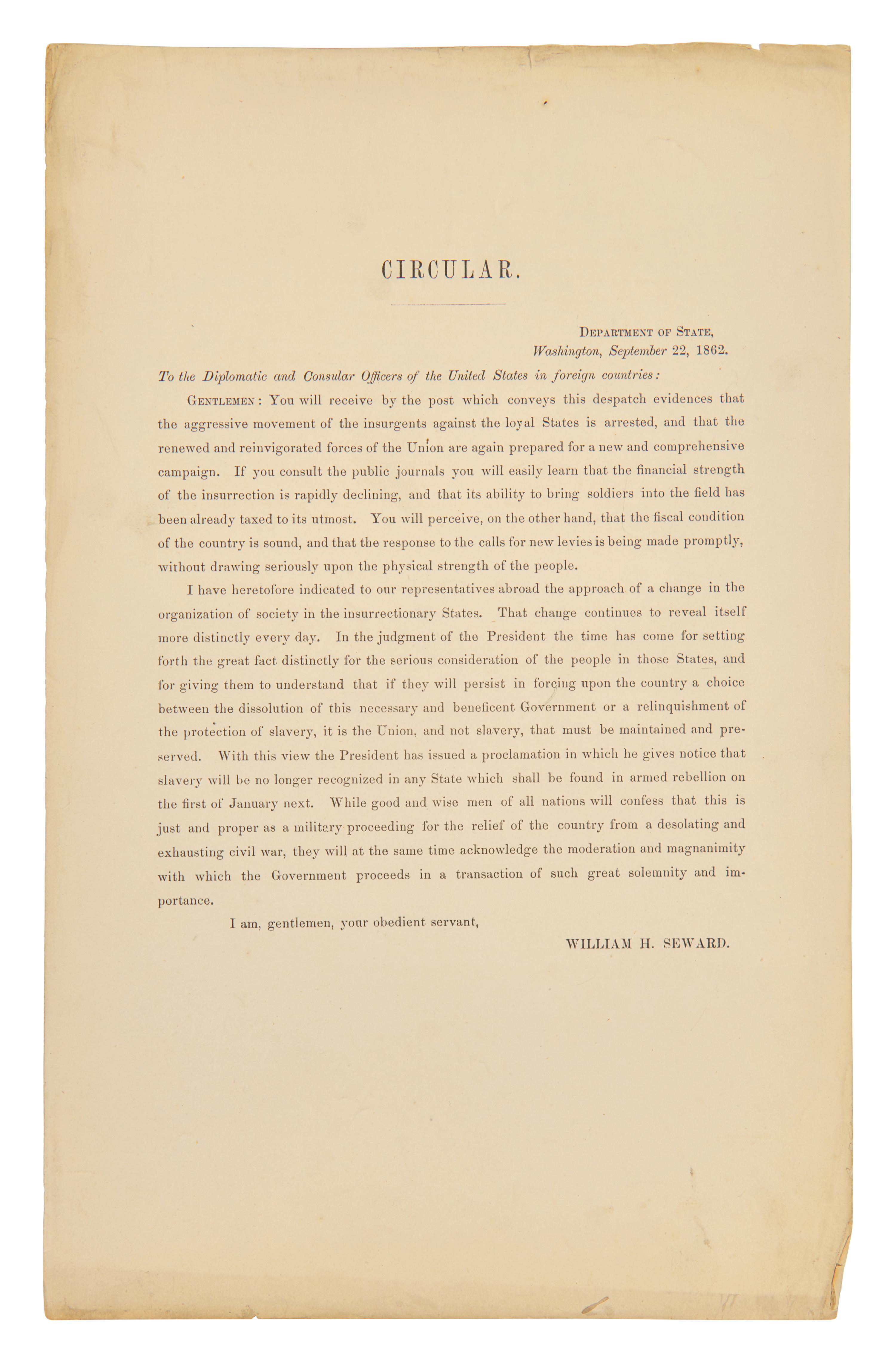 [Presidential] [Lincoln, Abraham] Seward, William H. Printed Circular Letter