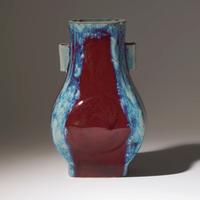 A Chinese Flambe-Glazed Vase Fanghu, Qianlong Mark and of the Period — 清乾隆 窯變釉杏圓貫耳方瓶