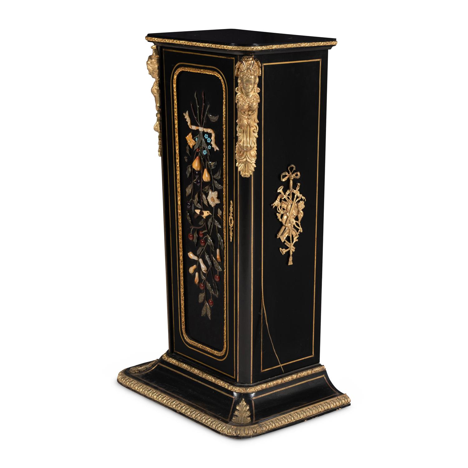 A Napoleon III Style Ebonized, Hardstone-Inset and Gilt Bronze Mounted Pedestal Cabinet